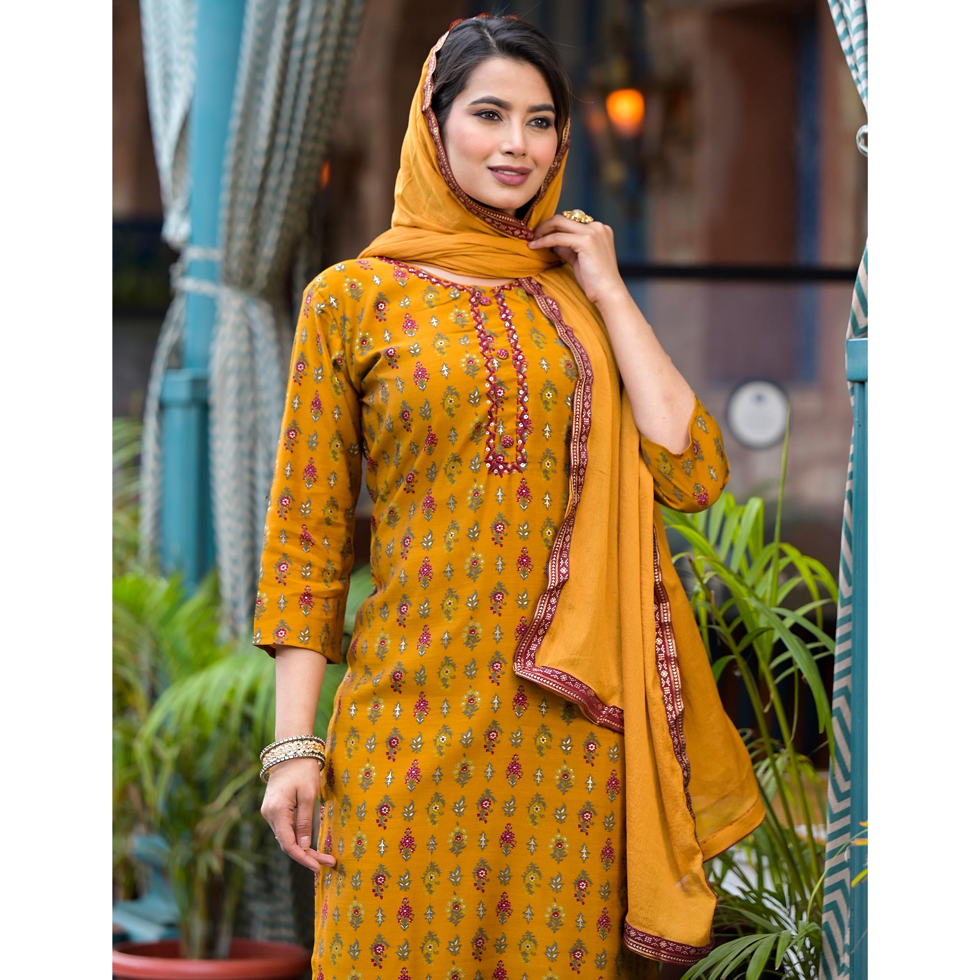 Mustard Floral Kantha Work Embroidered Chanderi Silk Salwar Suit