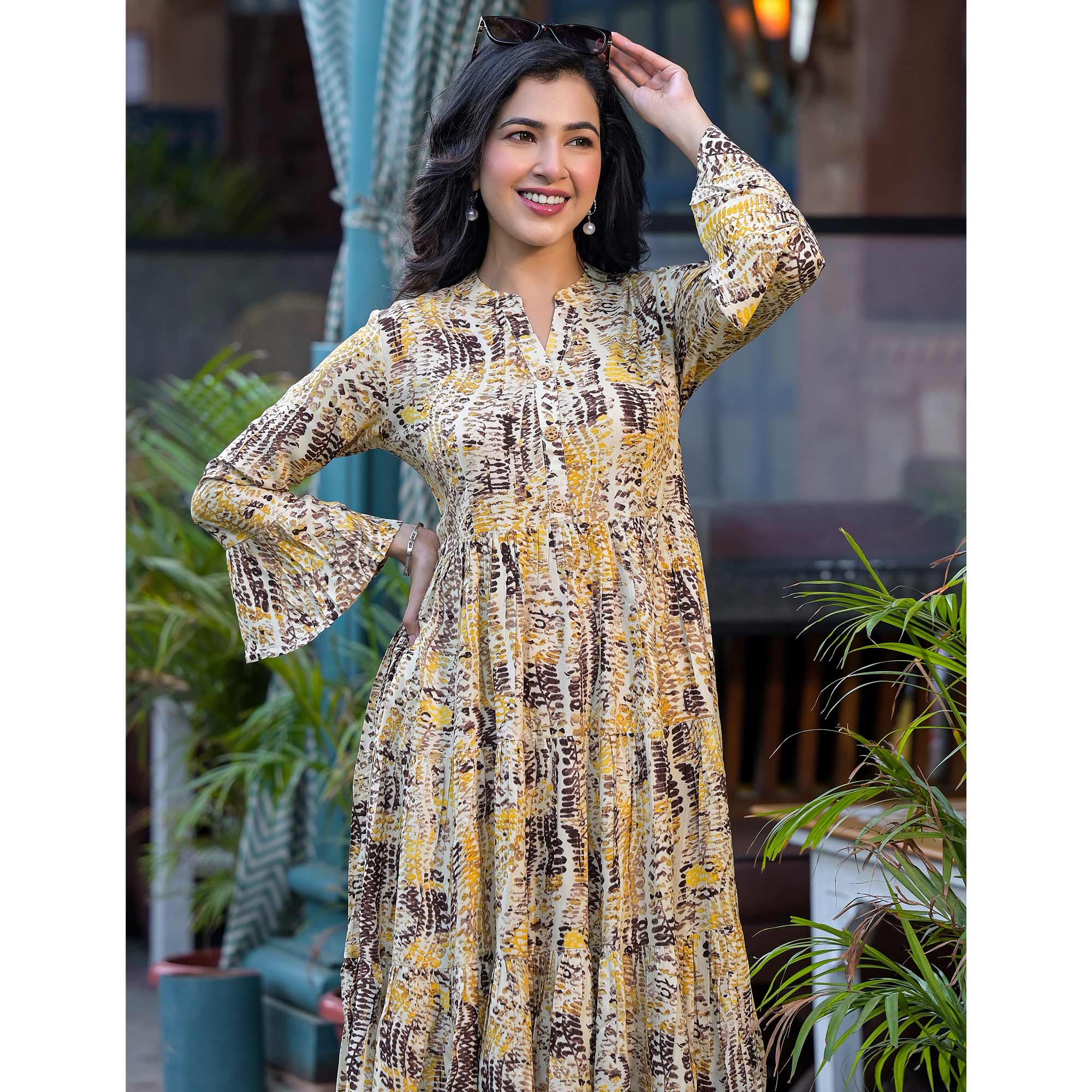 Yellow Printed Rayon Anarkali Dress