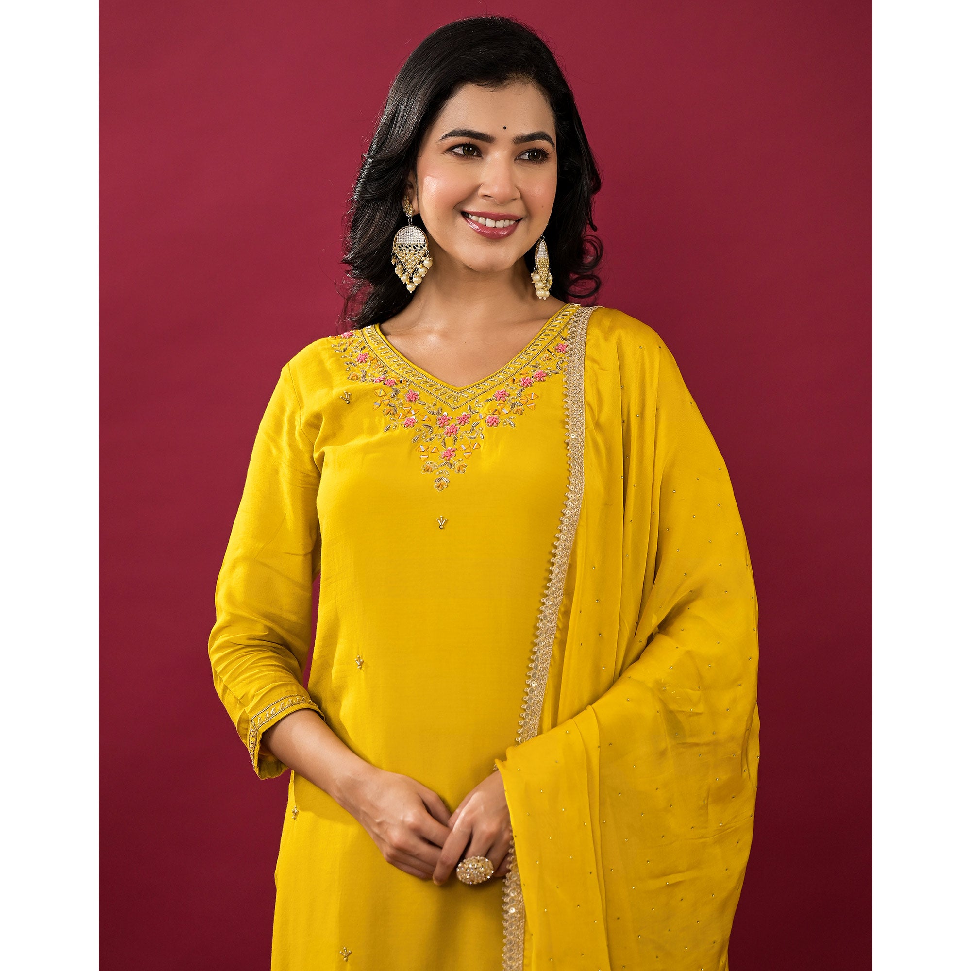 Mustard Embroidered Muslin Straight Salwar Suit