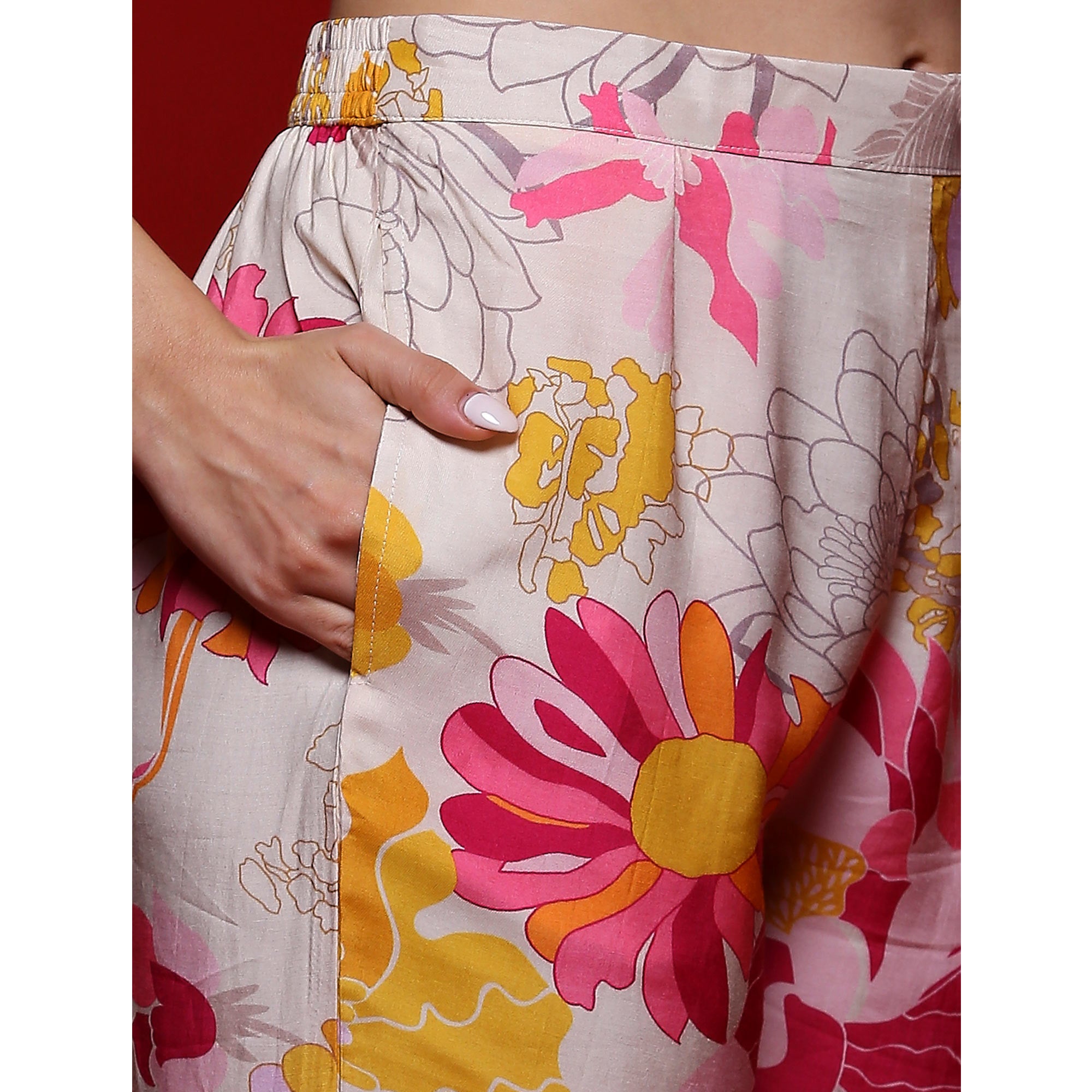 Off White Floral Printed Muslin Co-Ord Set