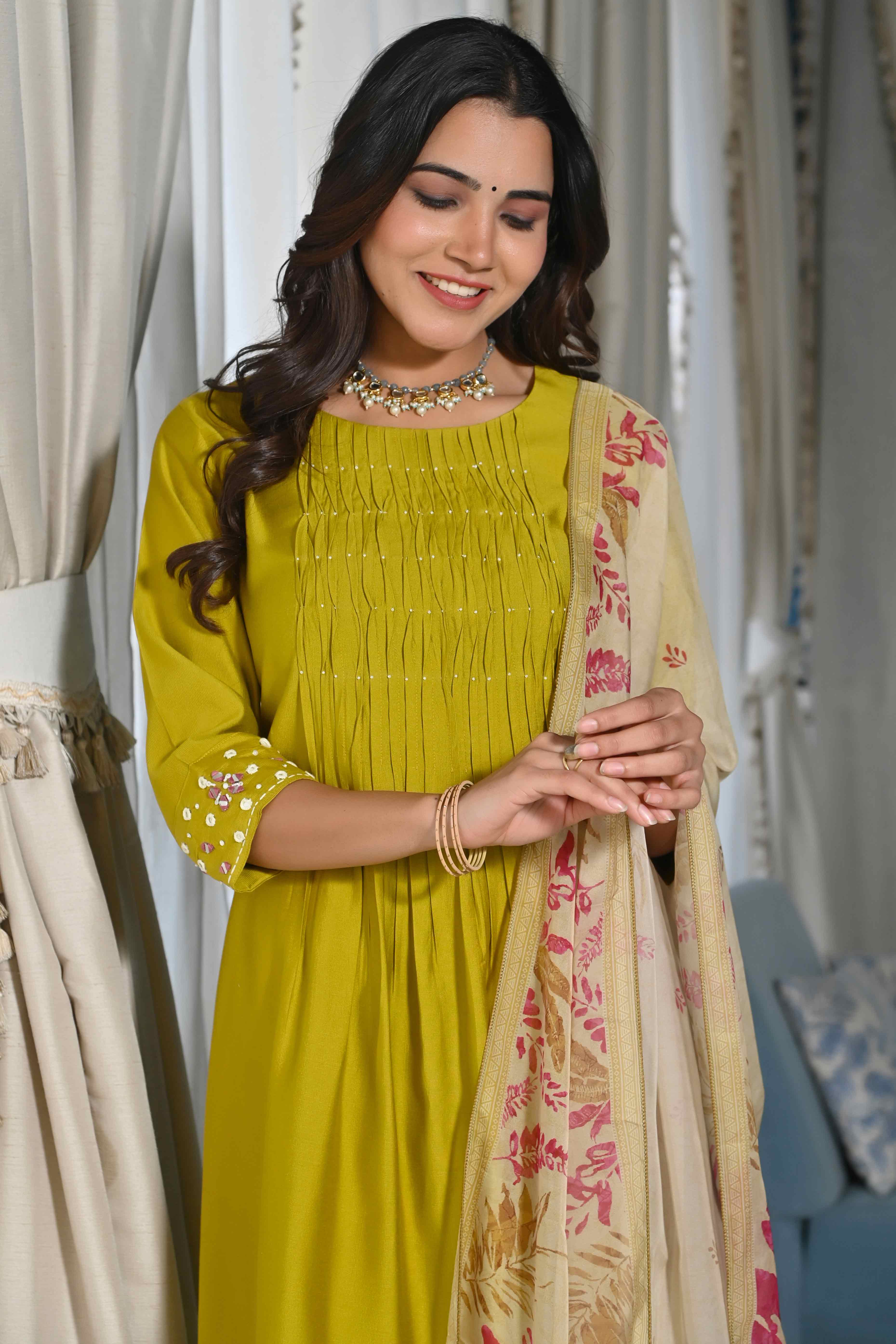 Olive Embroidered Viscose Salwar Suit