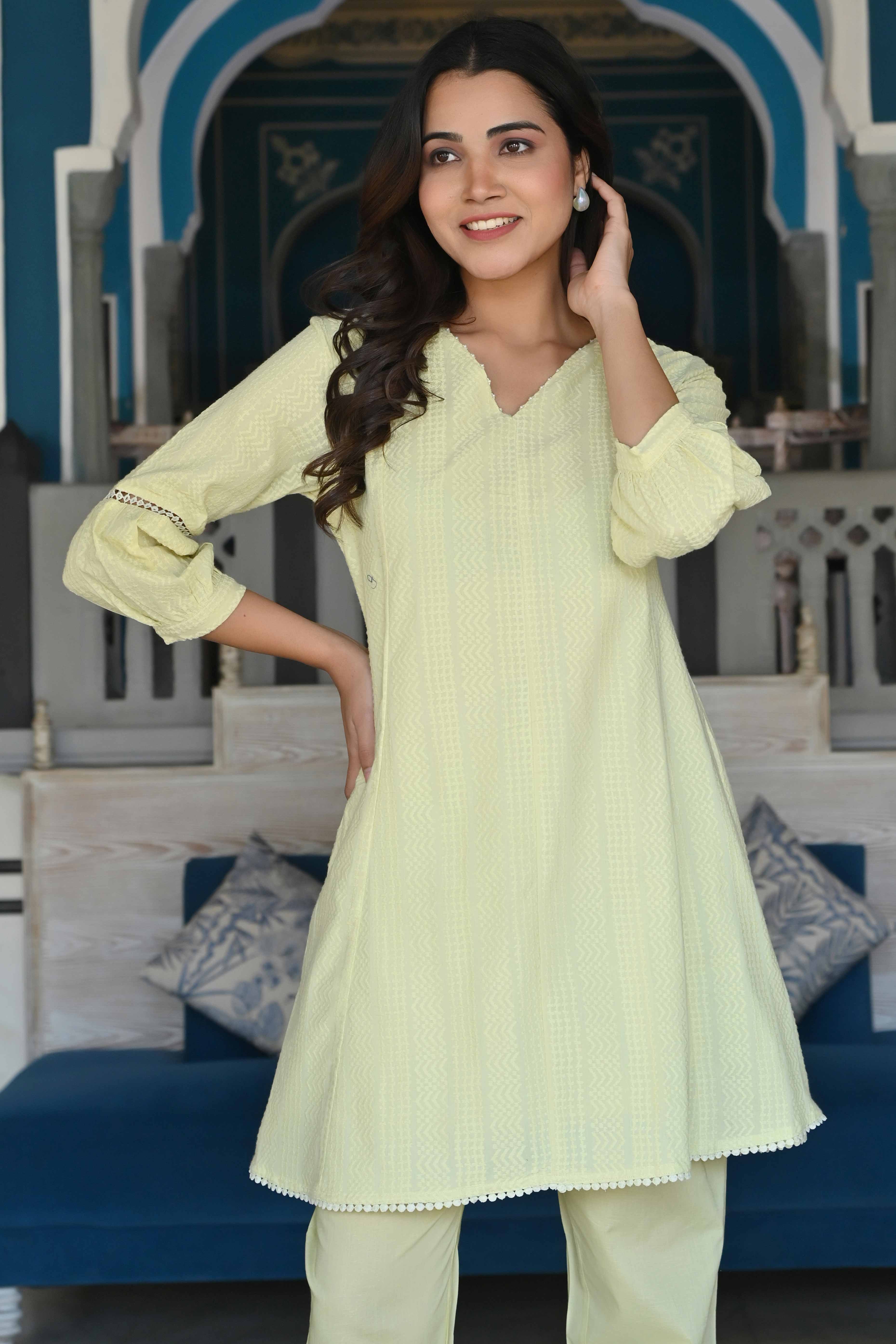 Lemon Yellow Dobby Work Pure Cotton Co-Ord Set