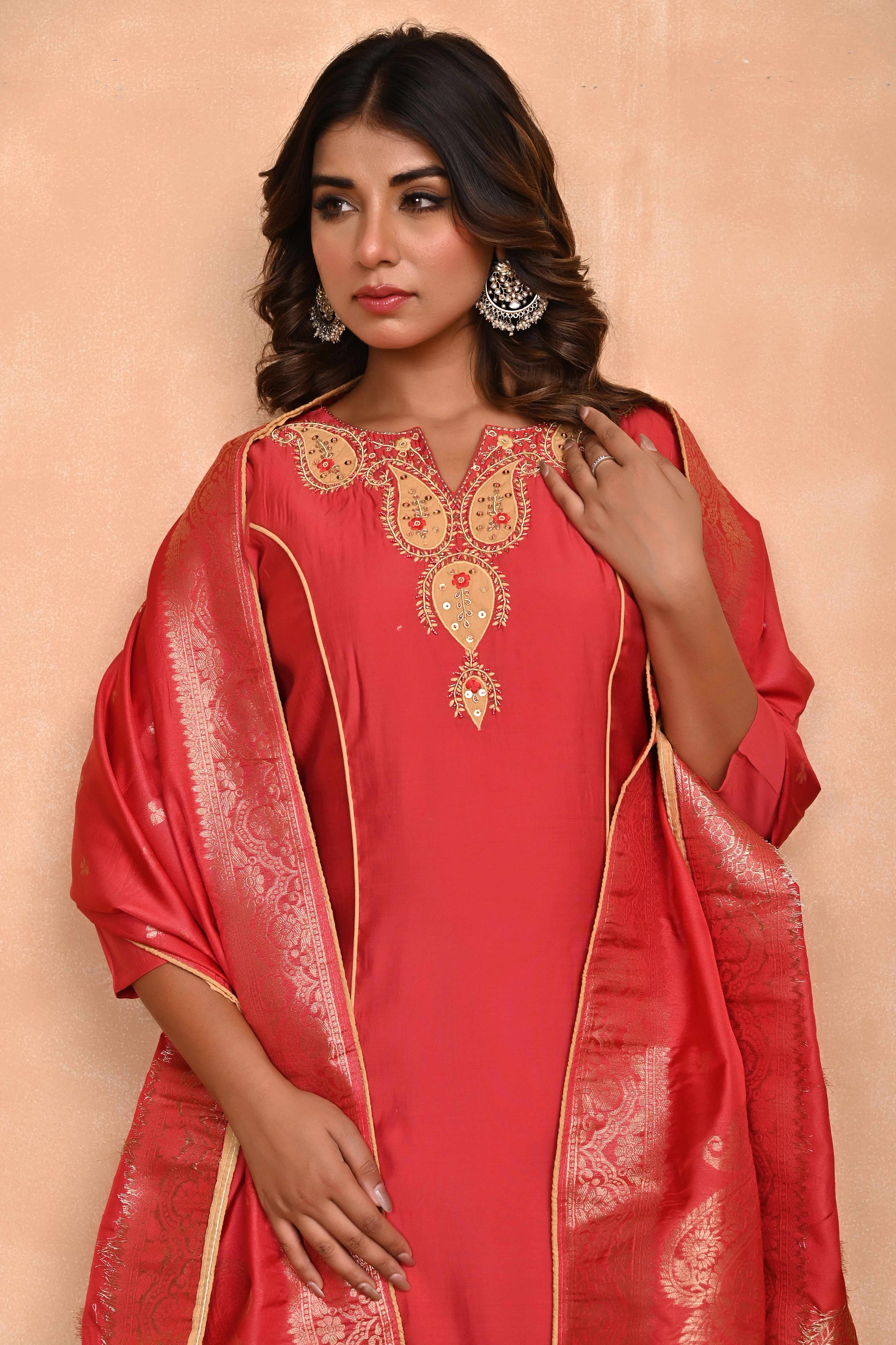 Rusty Red Embroidered A-Line Chanderi Silk Salwar Suit with Delicate Patchwork Detailing