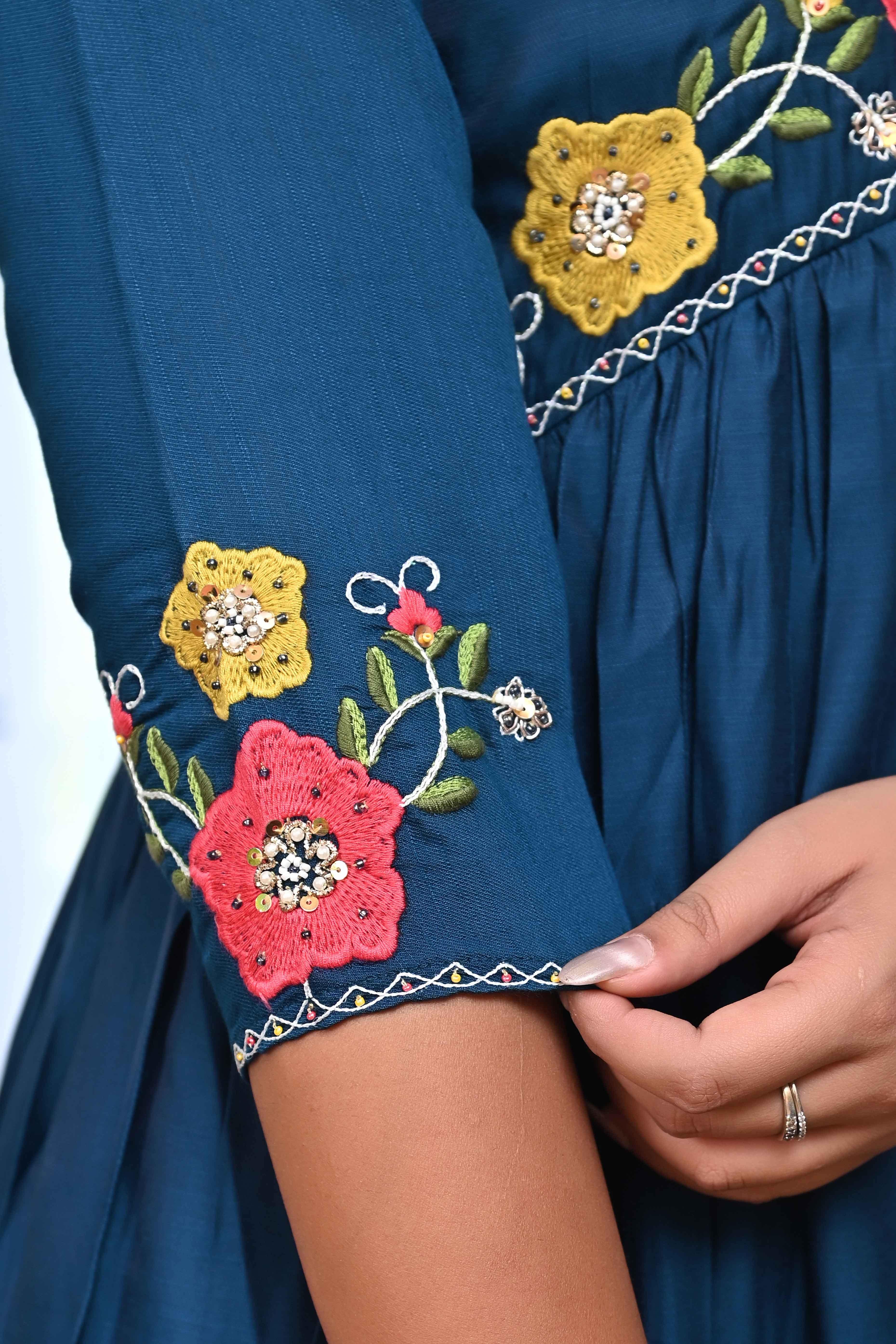 Blue Floral Embroidered A-Line Alia Cut Suit With Elegant Moti Handwork On Cotton Blend