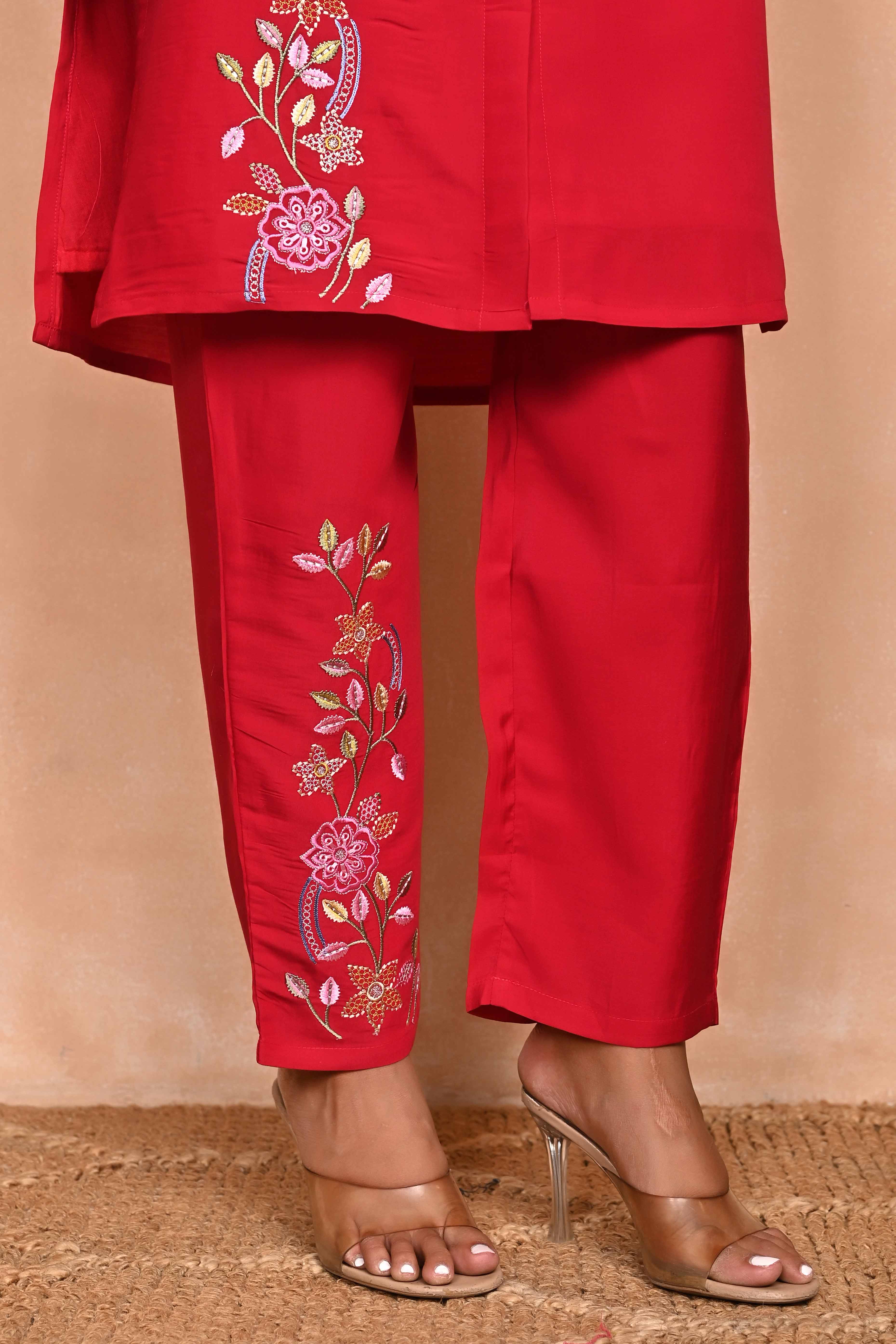 Stylish Red Co-Ord Set in Chanderi Silk with Intricate Floral Embroidery