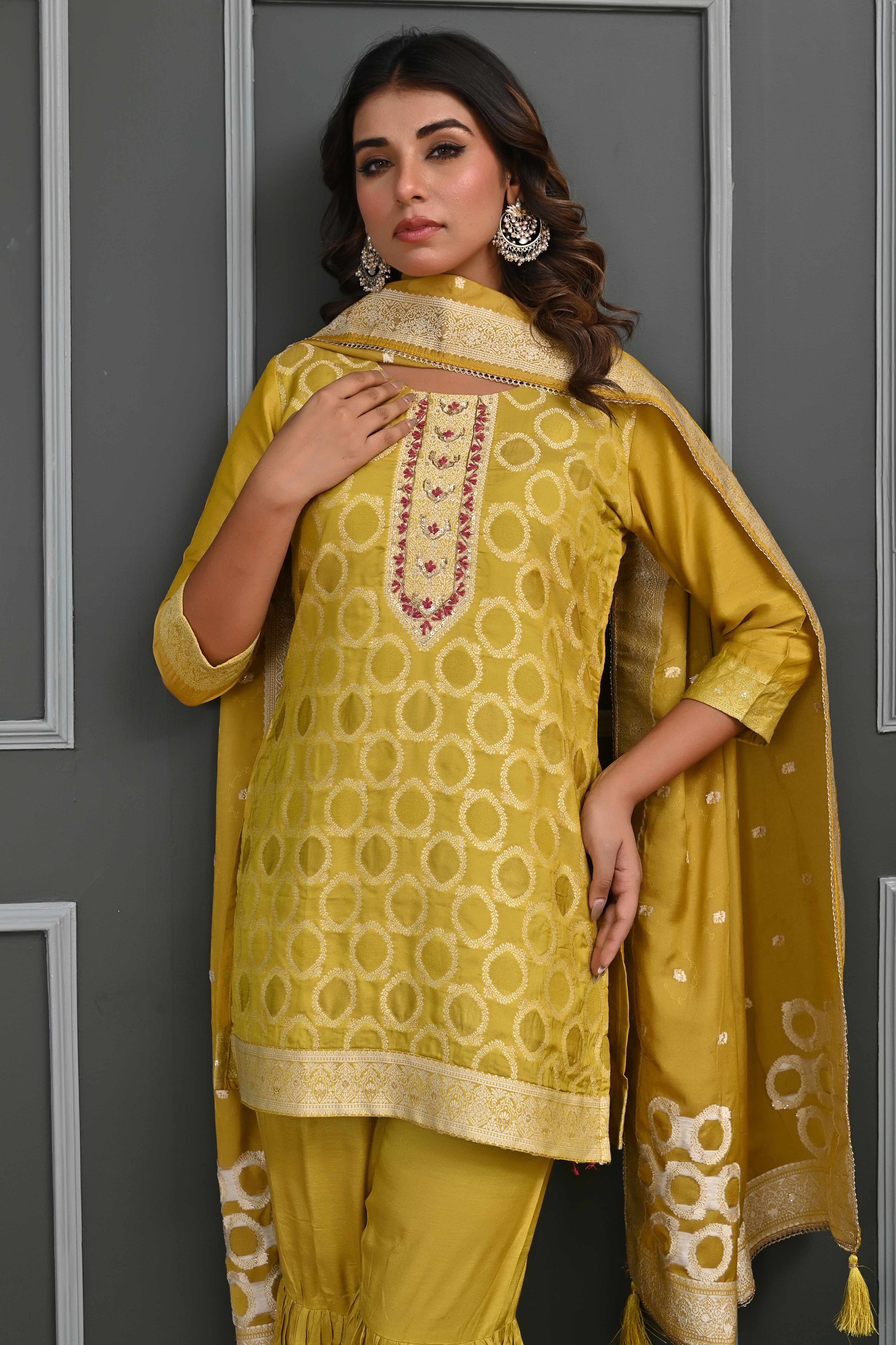 Vibrant Mustard Zari Weaving Cotton Silk Sharara Suit Ensemble