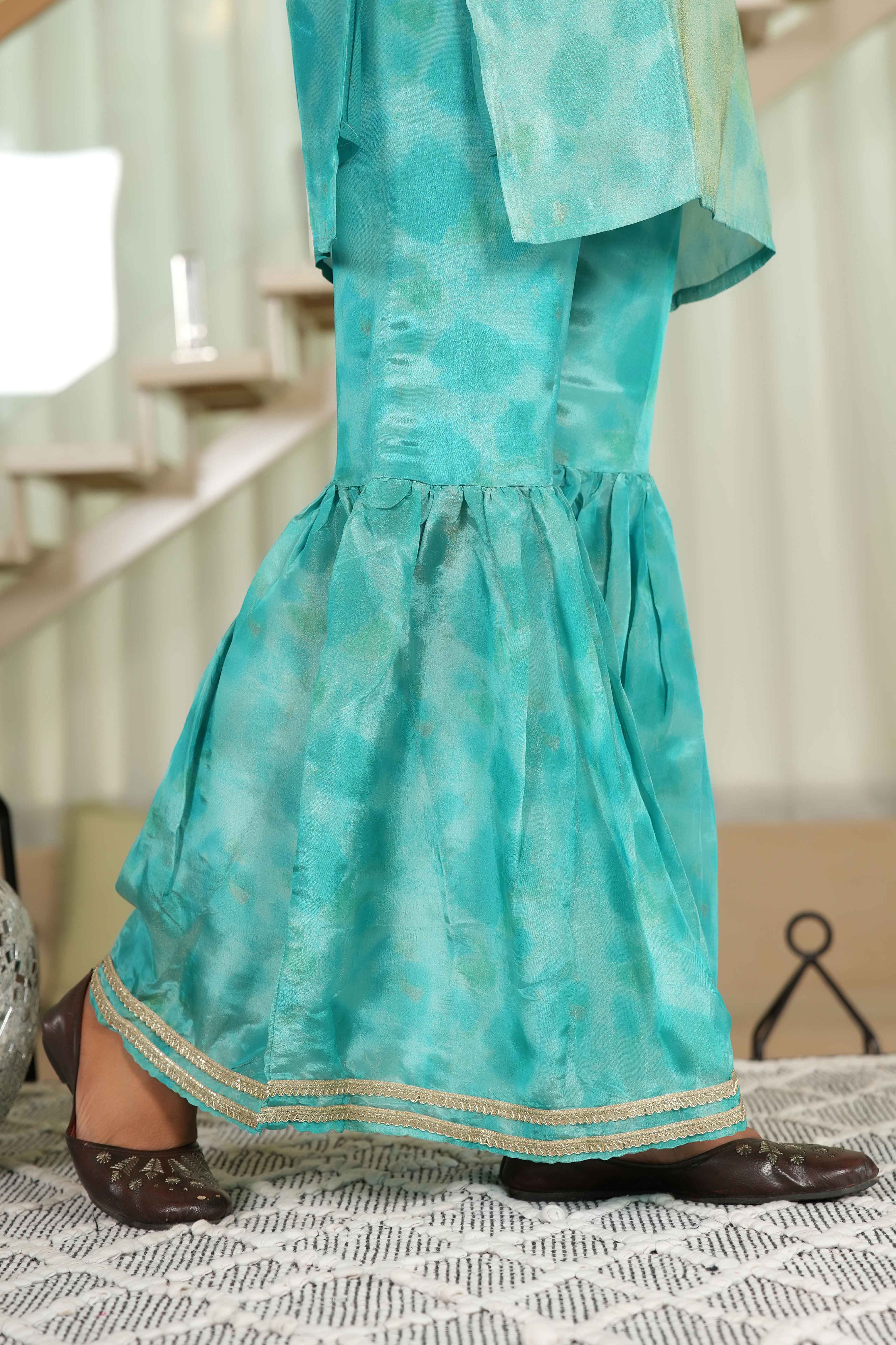 Turquoise Embroidered Organza Sharara Set with Delicate Floral Sequins