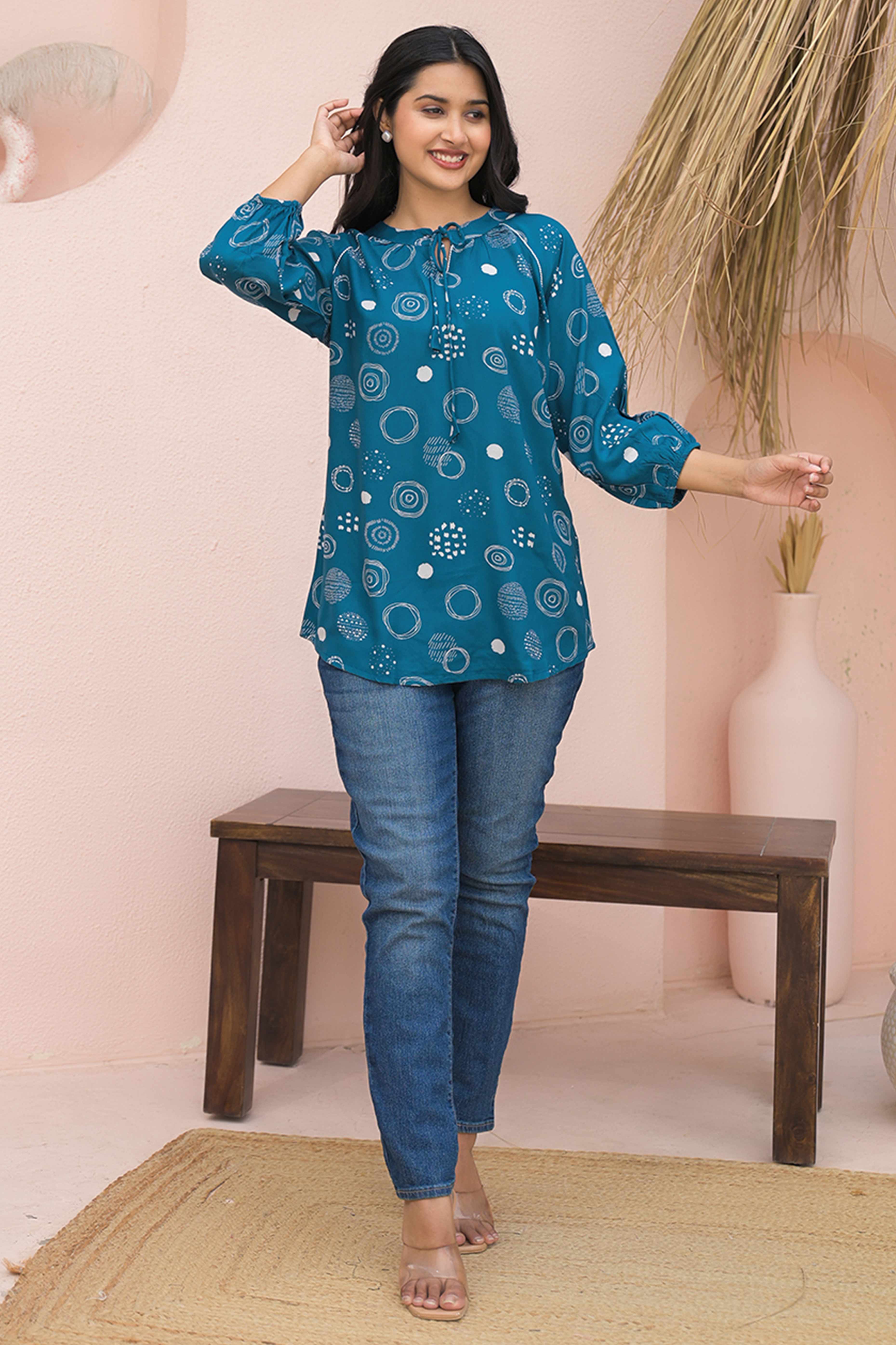 Trendy Blue Straight-Cut Rayon Top with All-Over Print