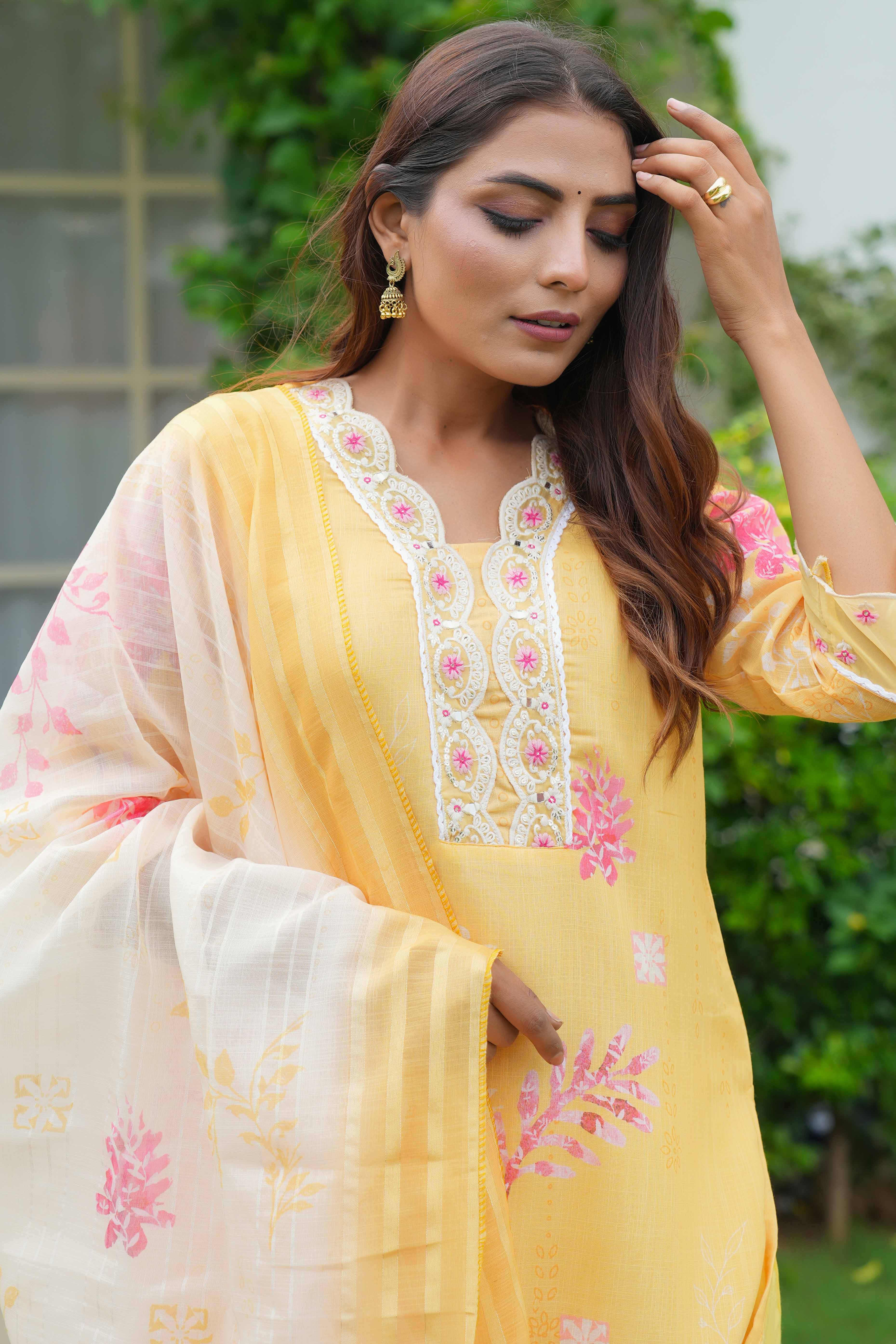 Yellow Floral With Lace Work One Neck Linen Salwar Suit