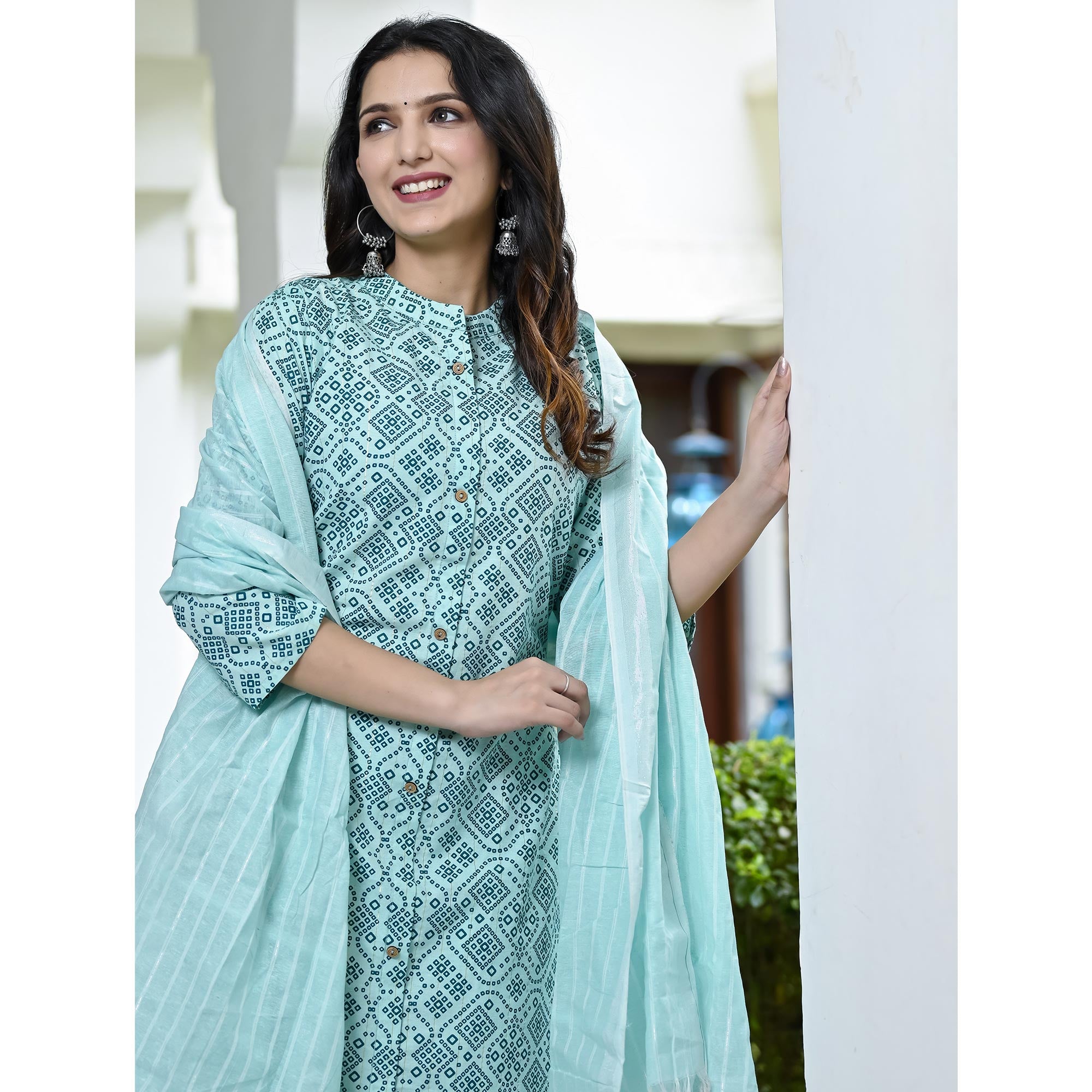 Turquoise Bandhani Printed Pure Cotton A Line Suit