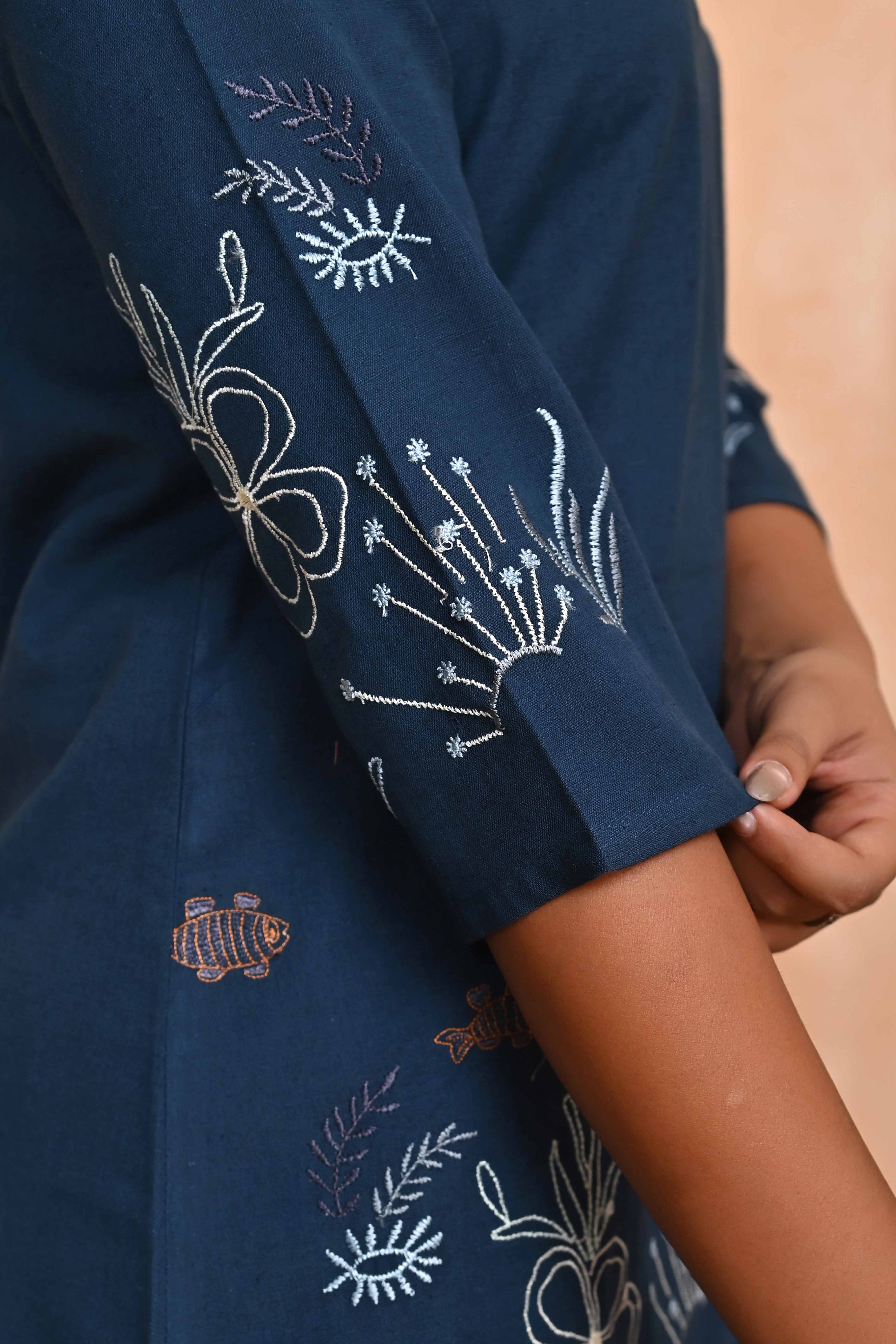 Navy Blue Pure Cotton Co-Ord Set with Detailed Handcrafted Embroidery Accents