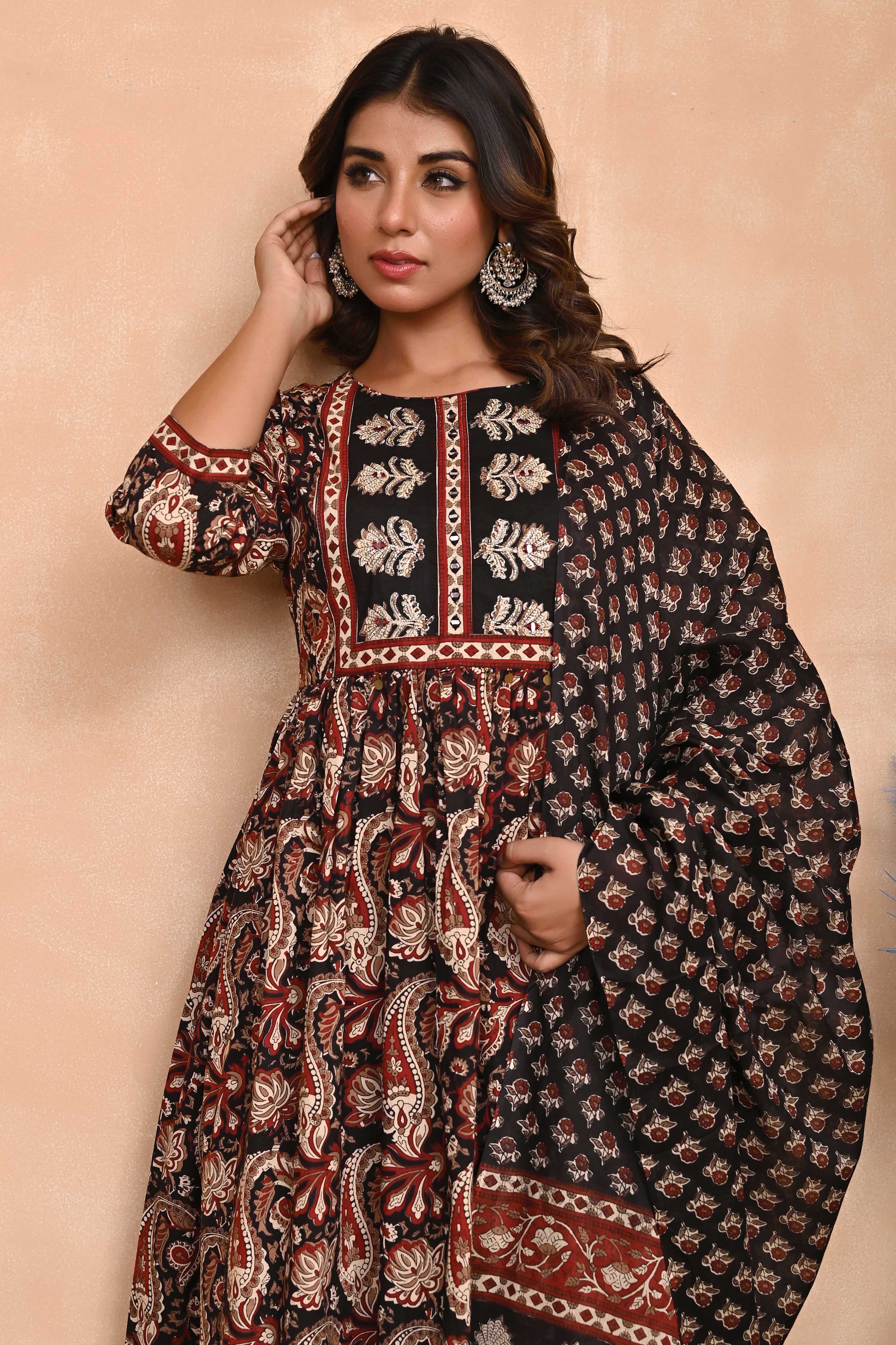 Regal Black Paisley Anarkali Suit in Breathable Cotton Fabric for Effortless Style