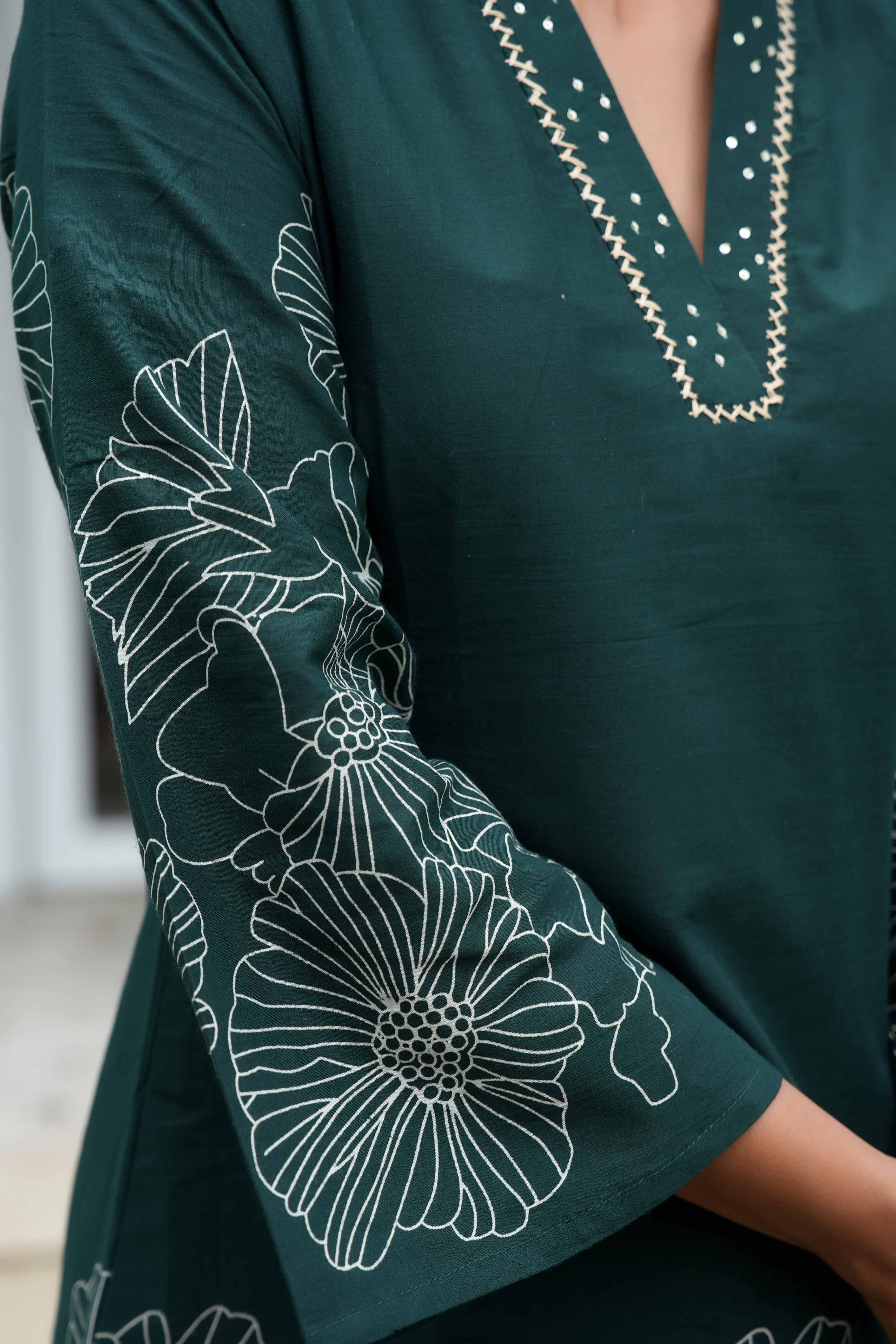 Stylish A-Line Cotton Co-Ord Set in Bottle Green with Floral Prints