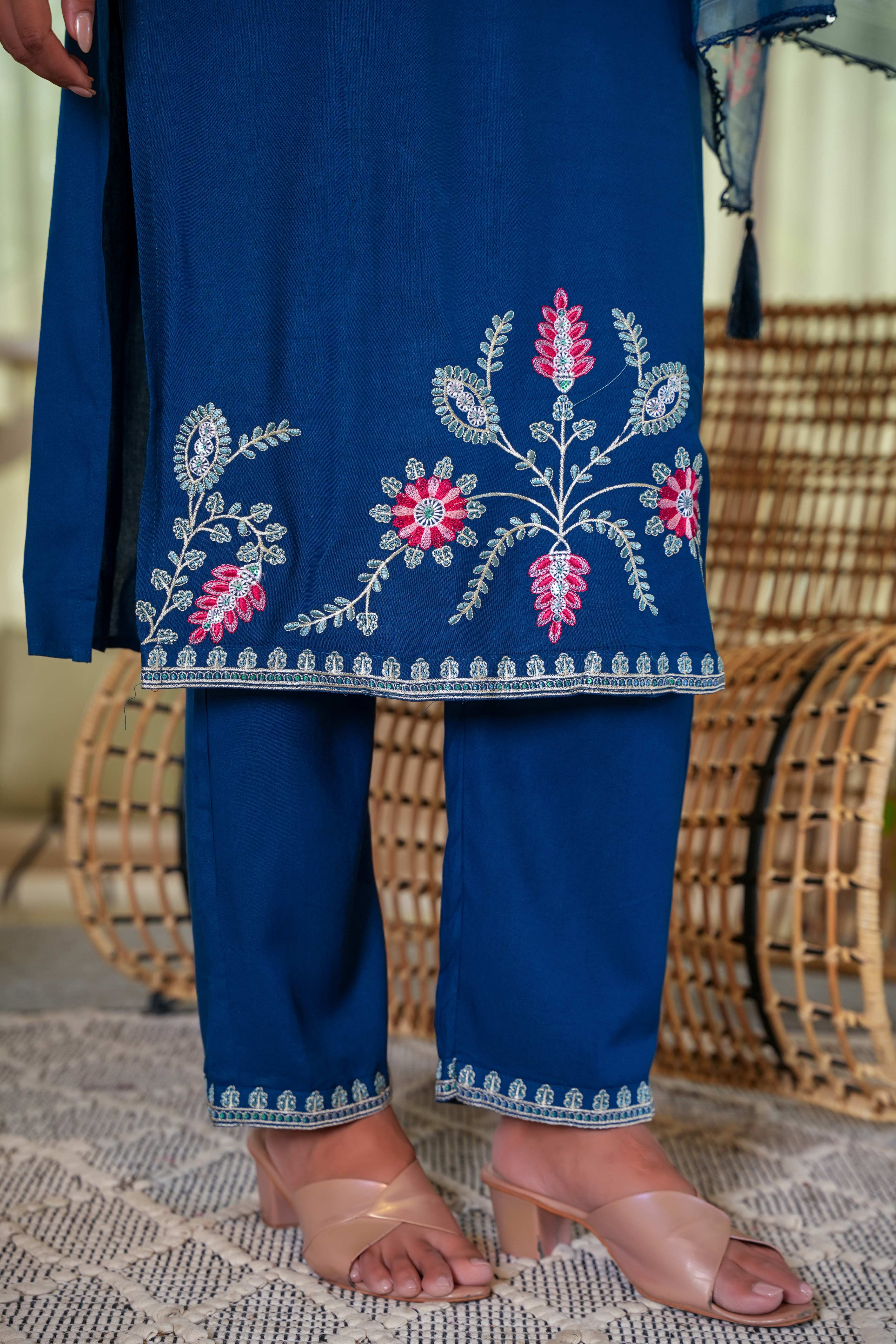Navy Blue Heavy Viscose Rayon Straight Suit with Delicate Floral Embroidery for Graceful Style