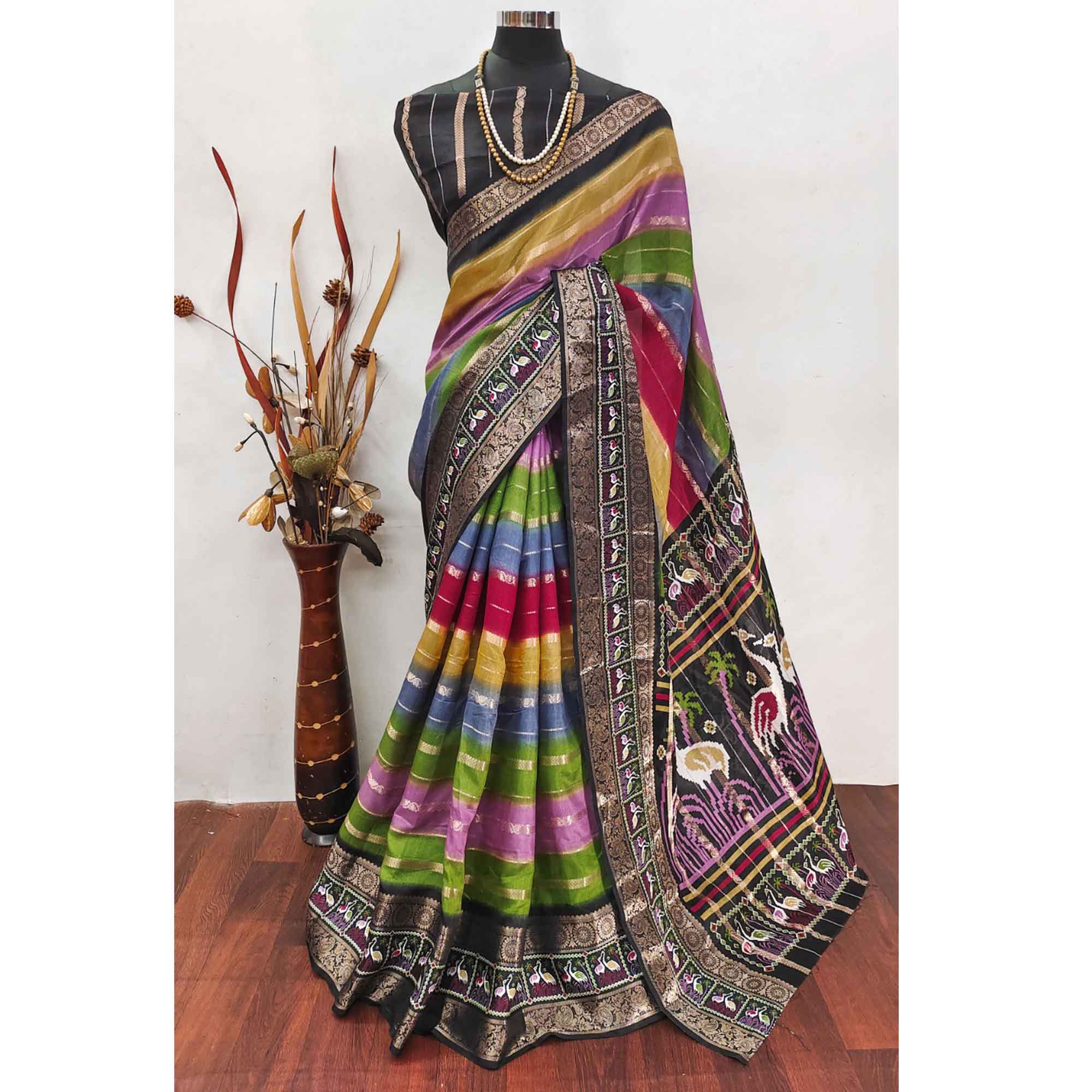 Luxury Multicolor Silk Jacquard Saree Adorned With Striped Zari Weaving and Printed Pallu