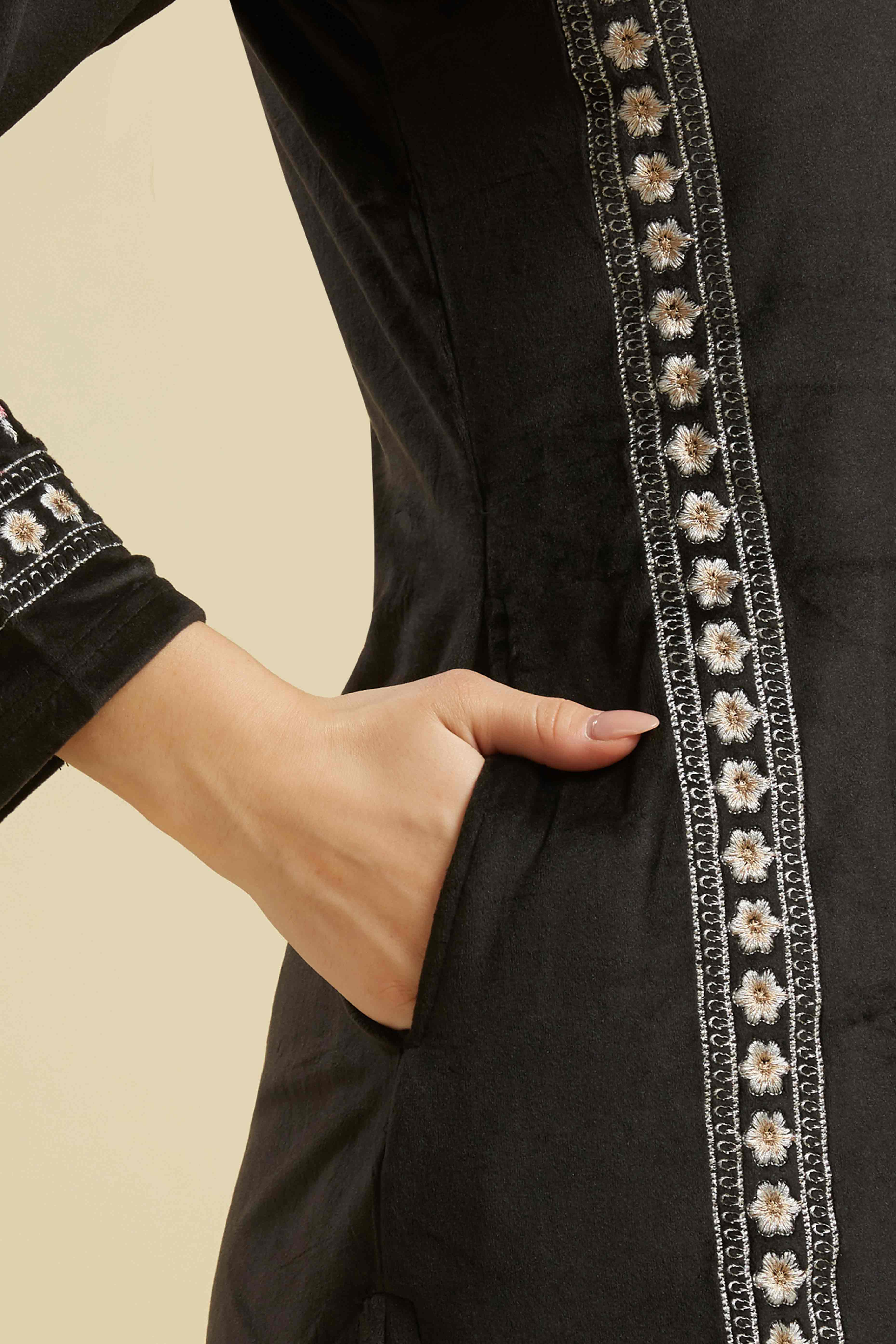 Black Embroidered Velvet Straight Salwar Suit