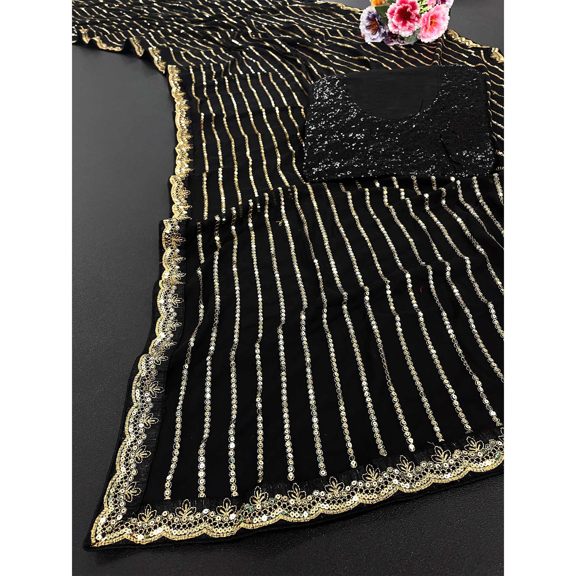 Black Sequins Embroidered Georgette Saree