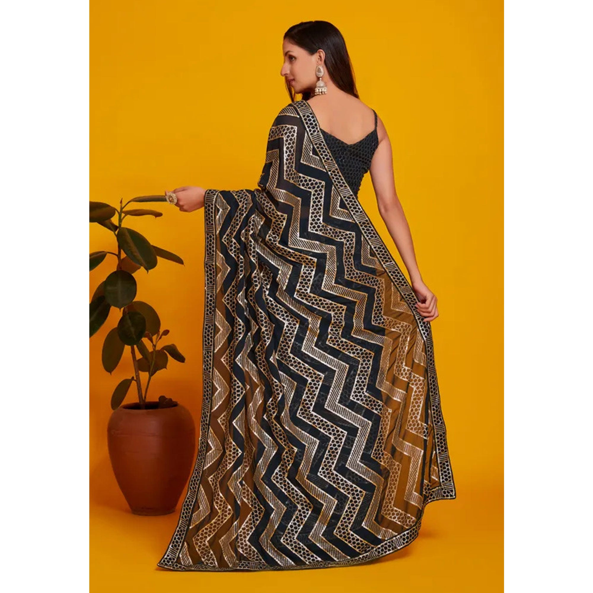 Black Sequins Embroidered Georgette Saree