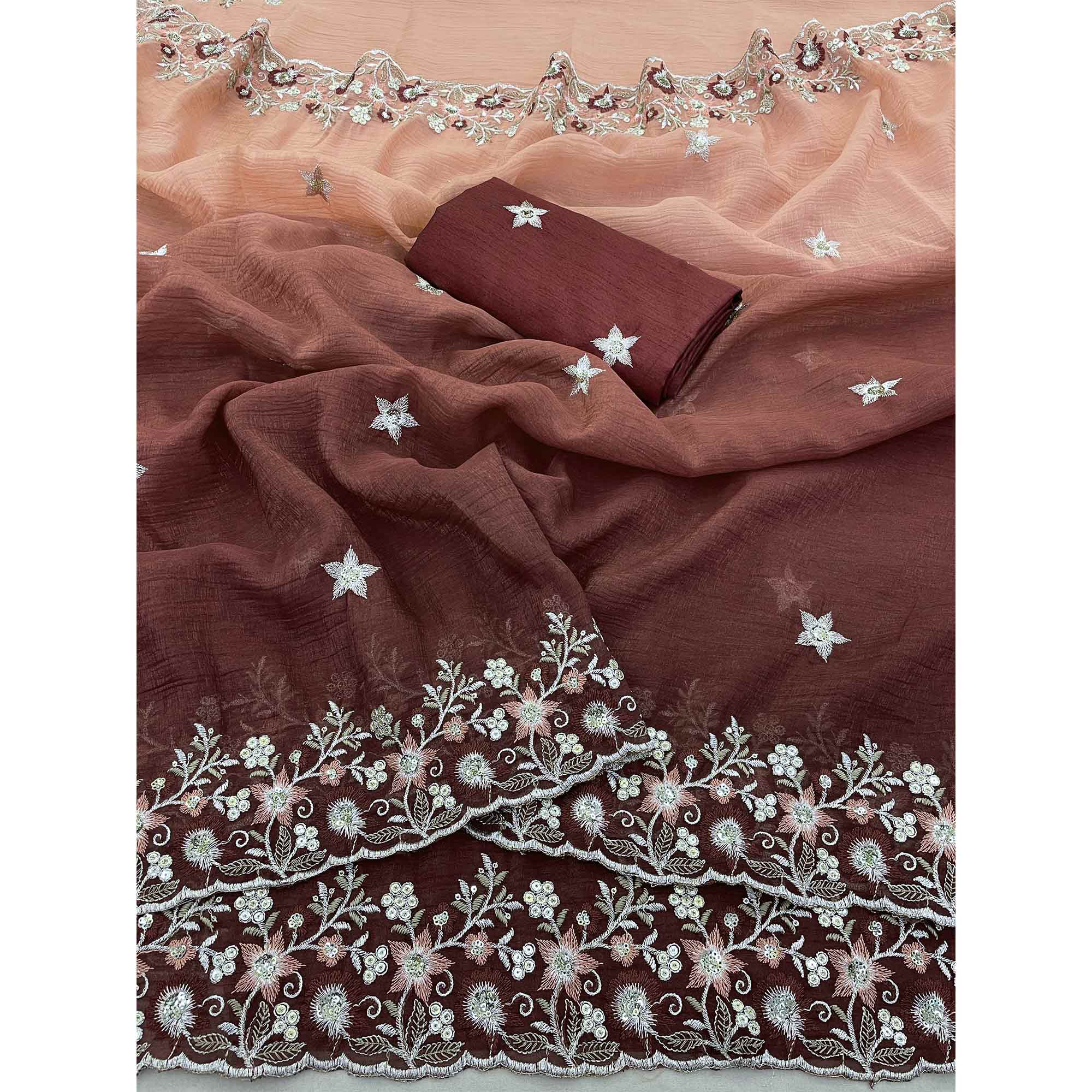 Brown Crunchy Crush Saree Featuring Floral Thread Embroidery & Sequins Embellishment