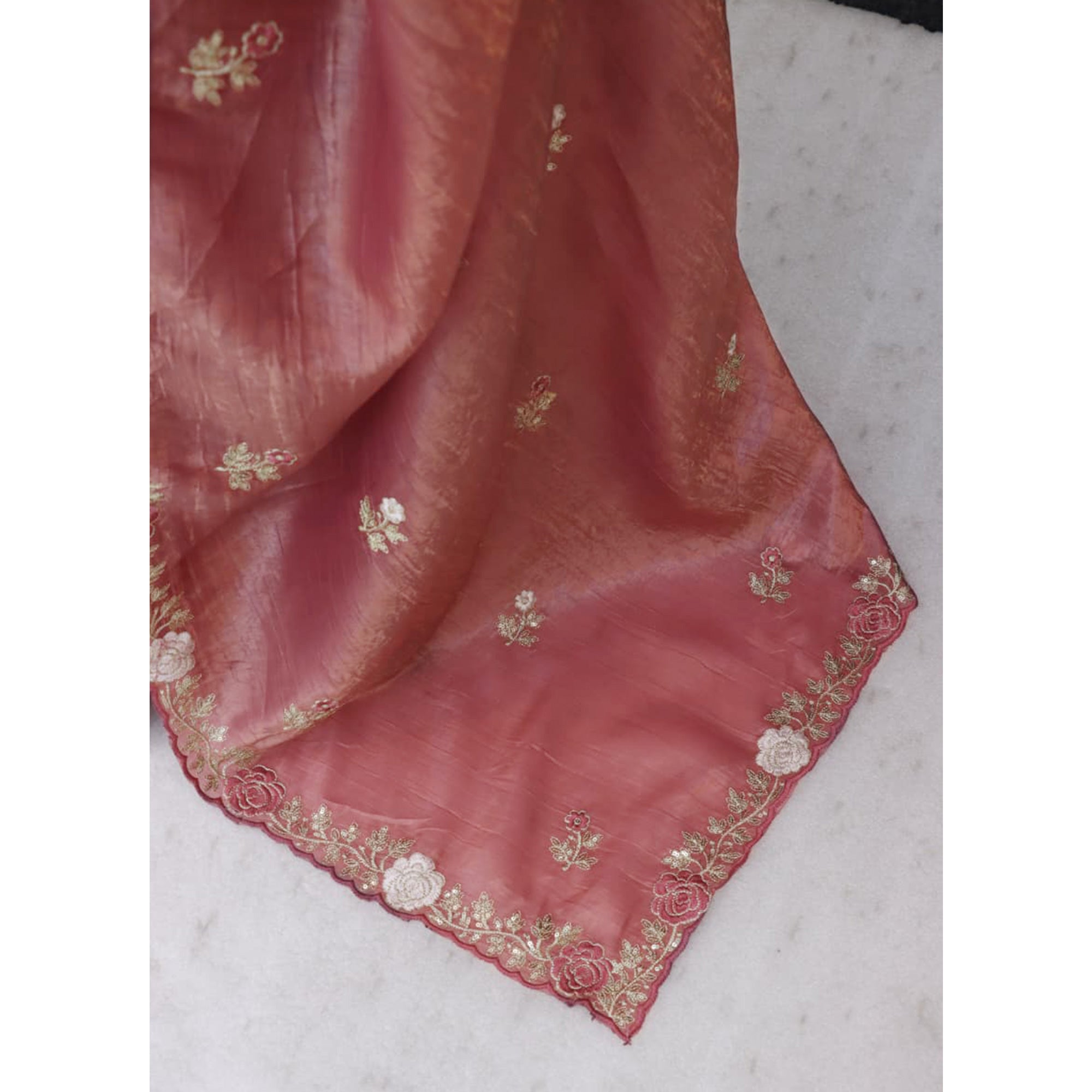 Rose Pink Lightweight Georgette Crush Saree Adorned with Delicate Floral Embroidery