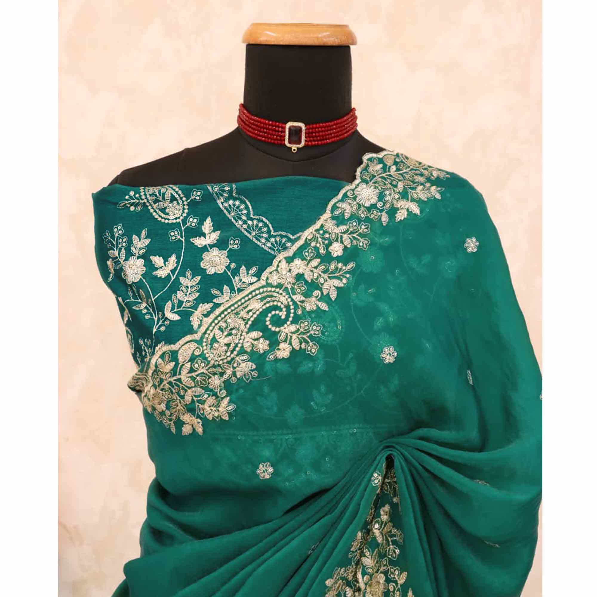 Green Partywear Organza Satin Silk Crush Saree with Delicate Floral Embroidery