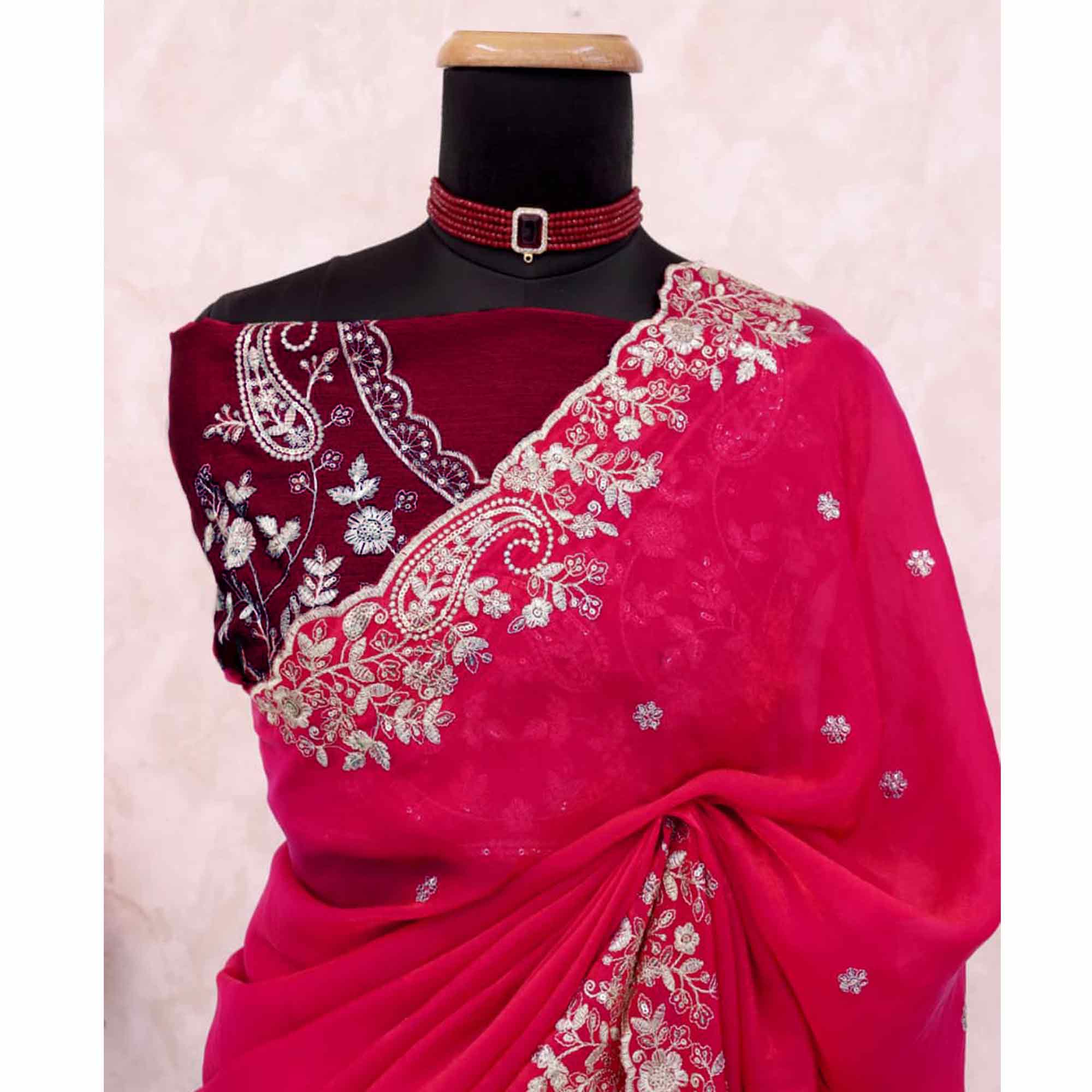Pink Partywear Organza Satin Silk Crush Saree with Delicate Floral Embroidery
