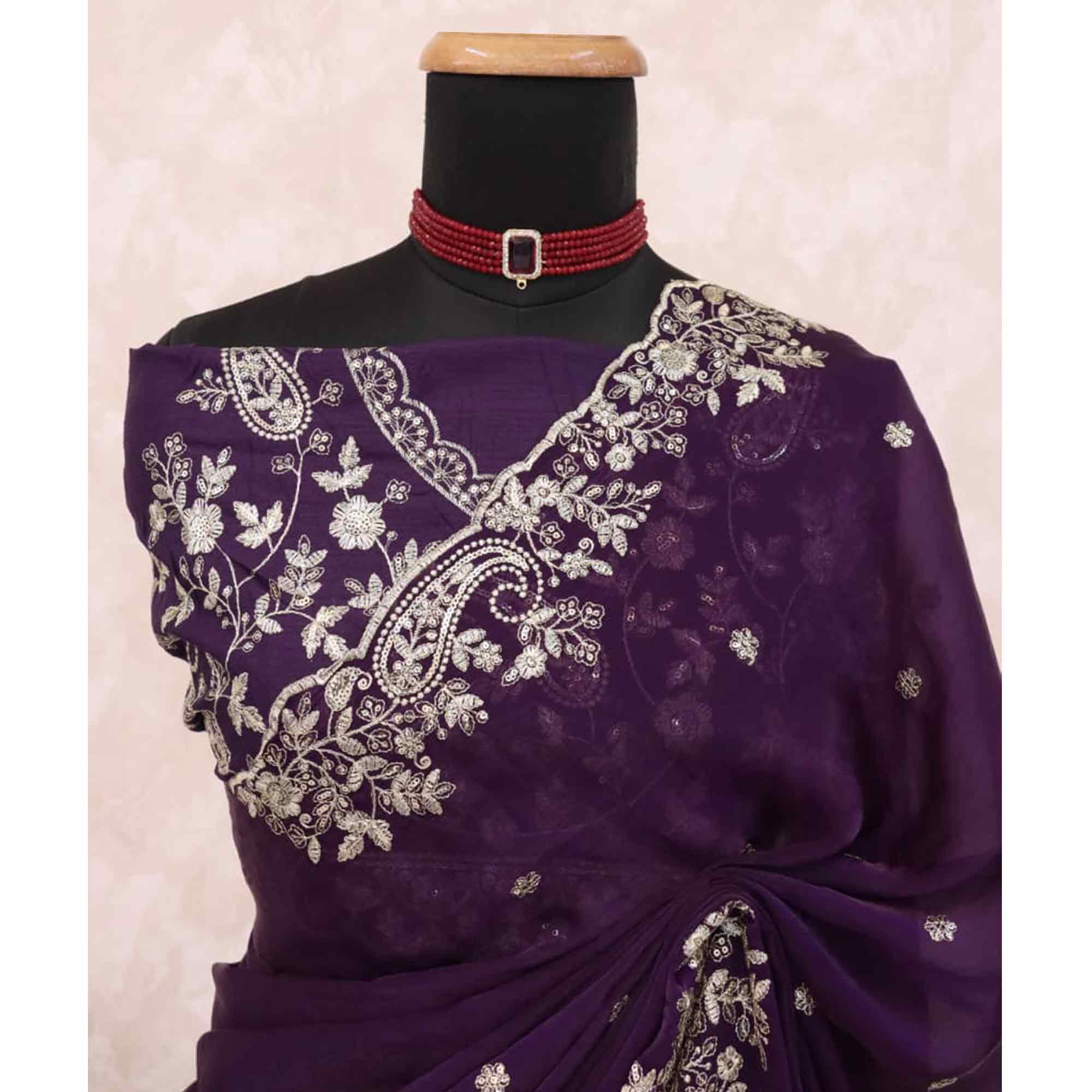 Purple Partywear Organza Satin Silk Crush Saree with Delicate Floral Embroidery
