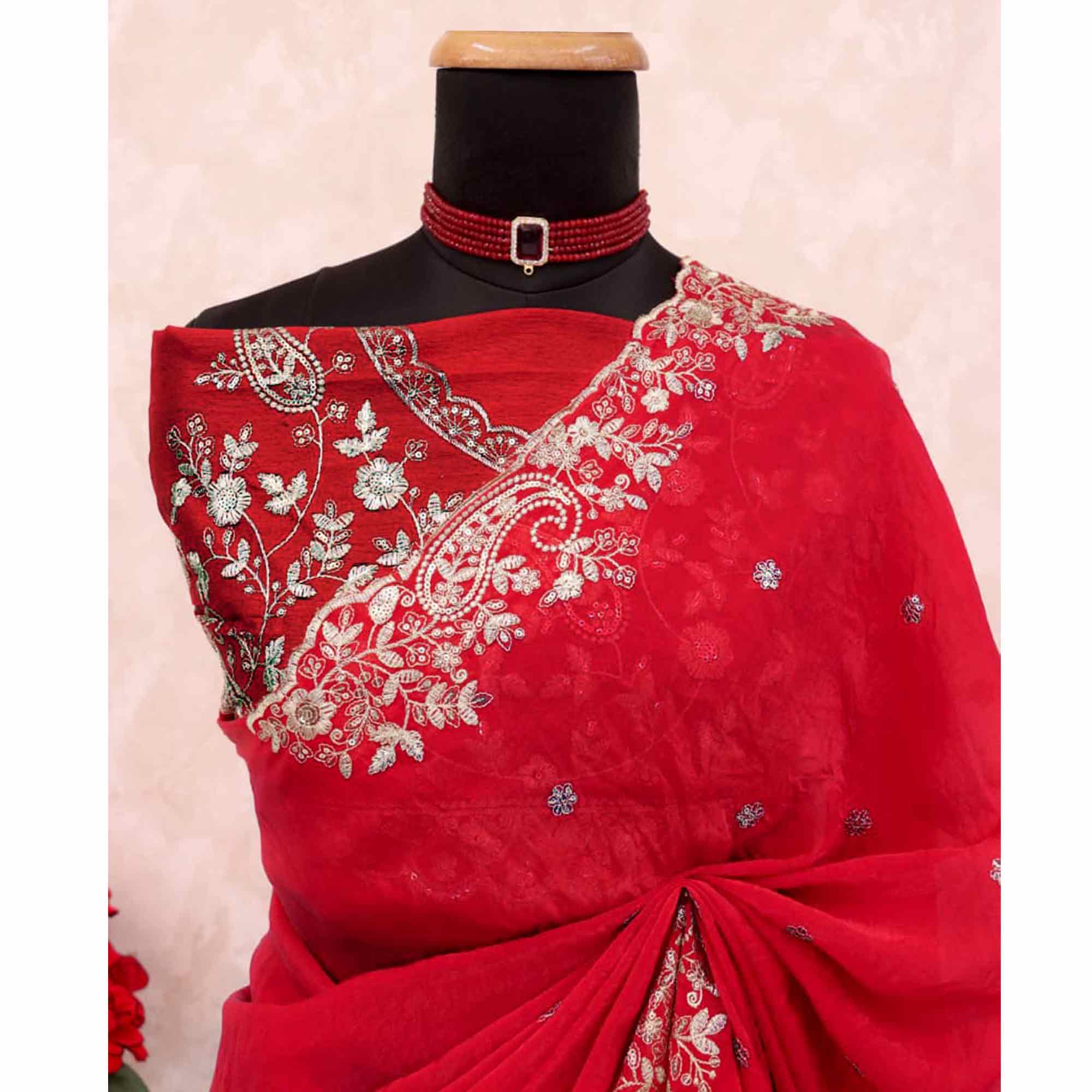 Red Partywear Organza Satin Silk Crush Saree with Delicate Floral Embroidery