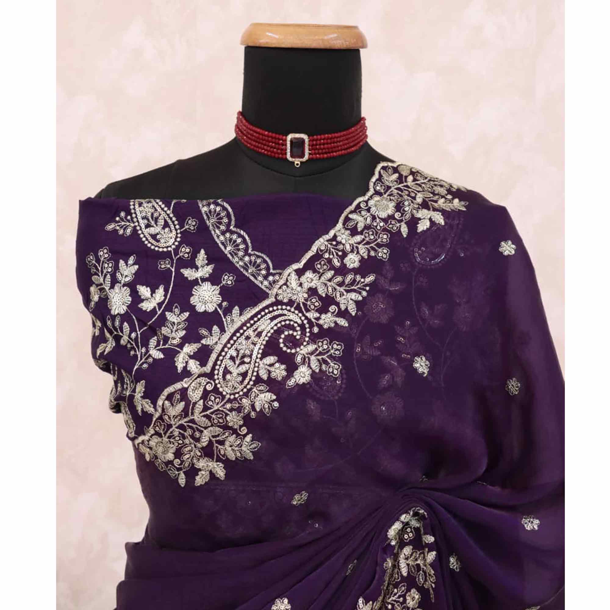 Violet Partywear Organza Satin Silk Crush Saree with Delicate Floral Embroidery