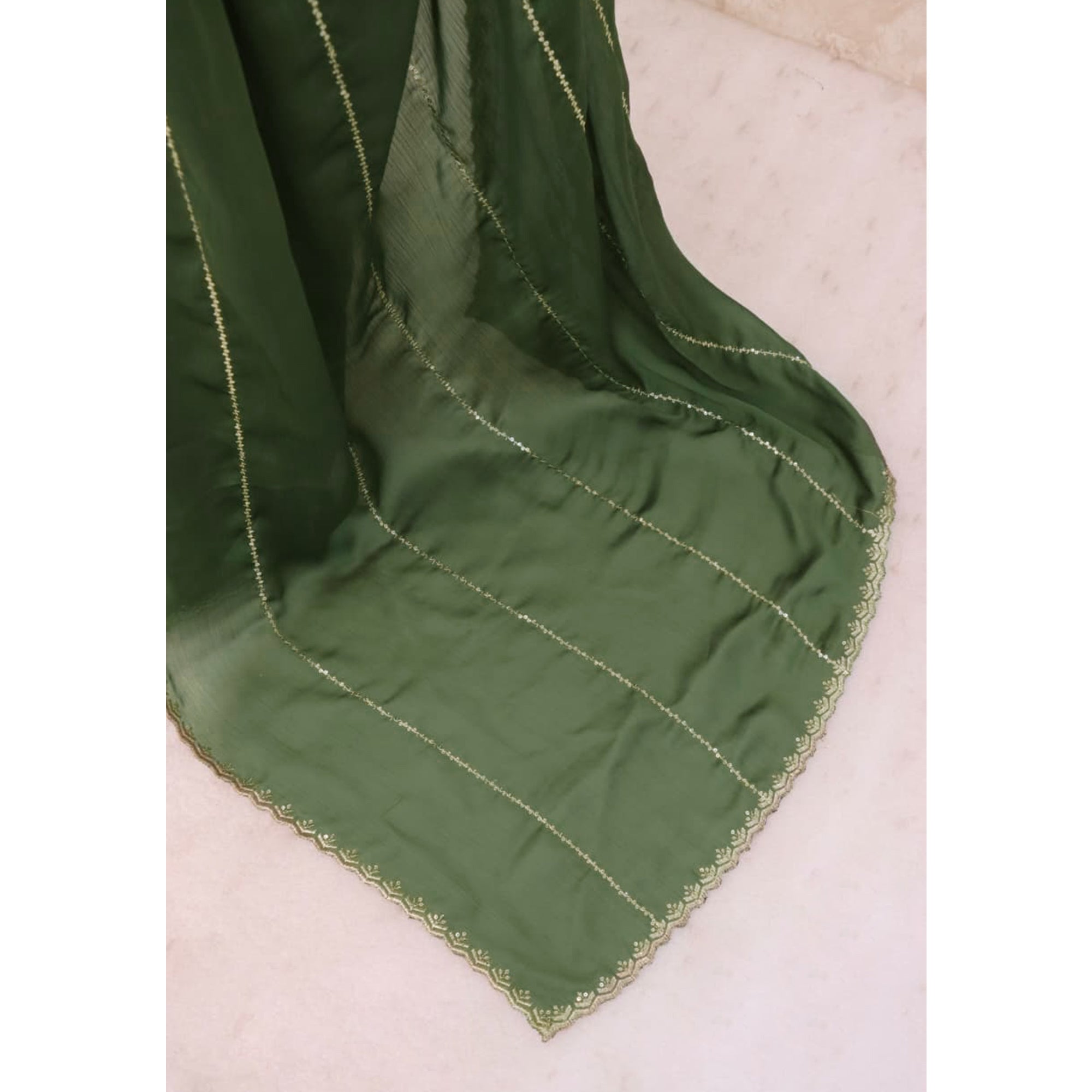 Green Soft Satin Chiffon Saree Adorned with Intricate Sequins Detailing