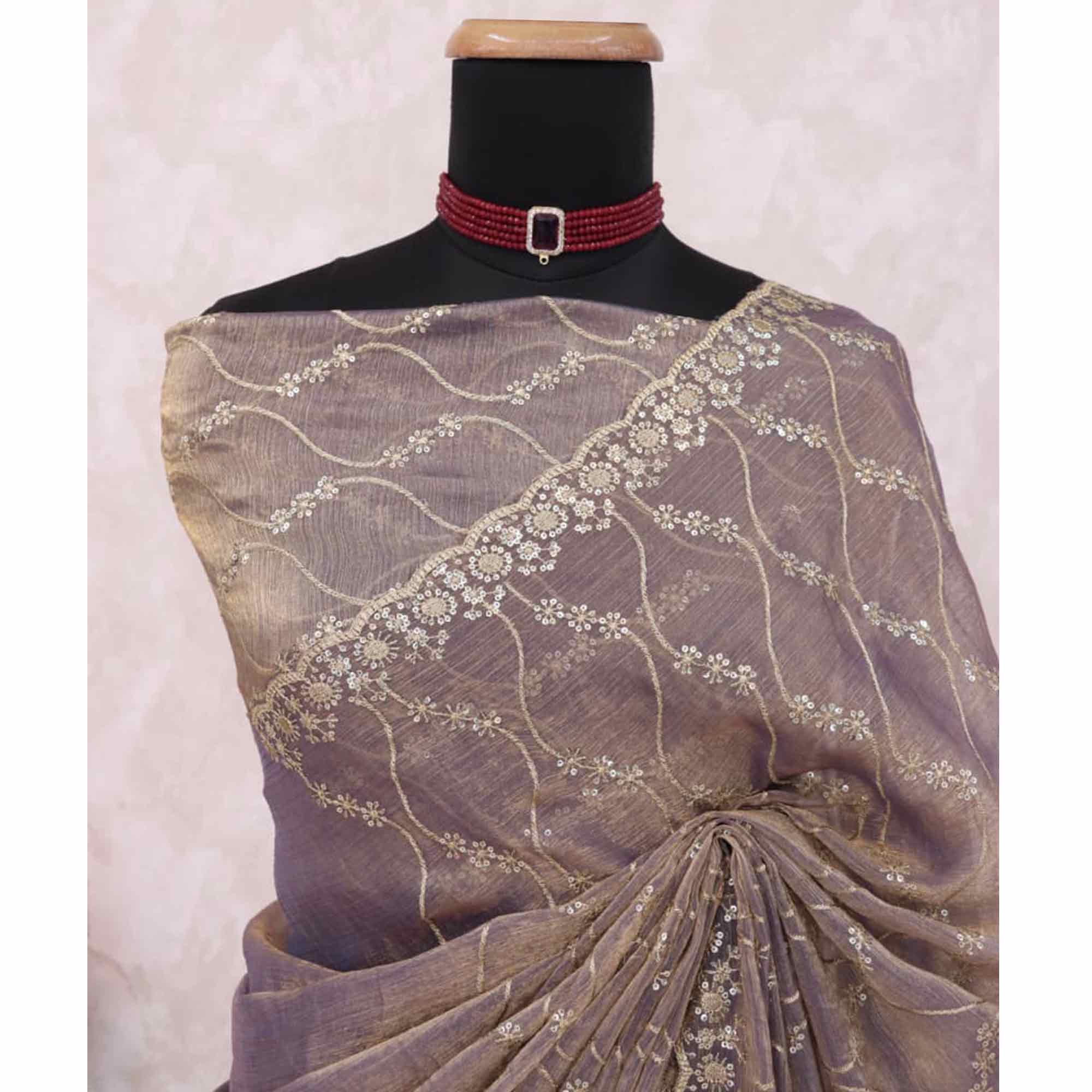 Lavender Partywear Organza Chiffon Silk Saree Highlighted with Fine Sequins Detailing