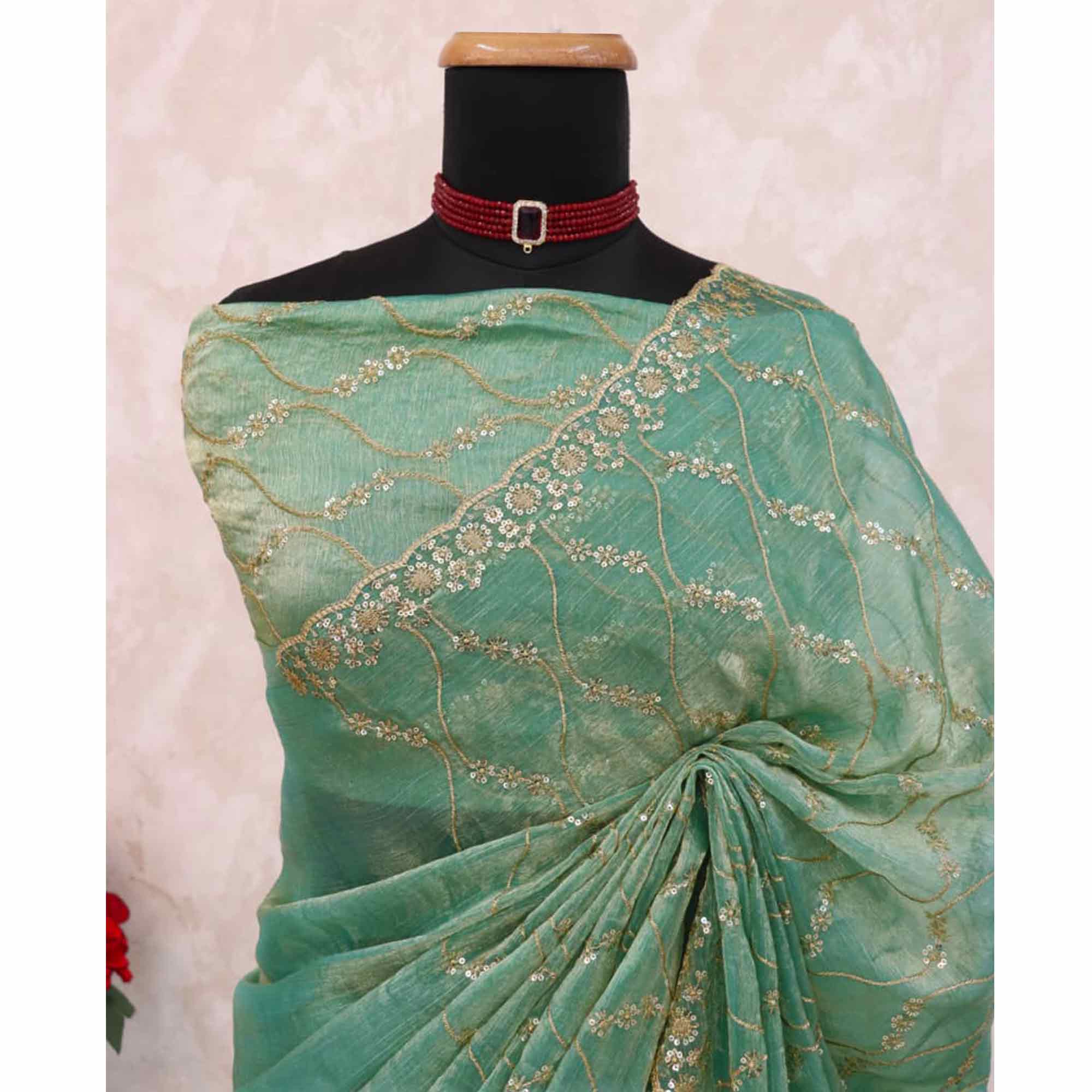 Sea Green Partywear Organza Chiffon Silk Saree Highlighted with Fine Sequins Detailing