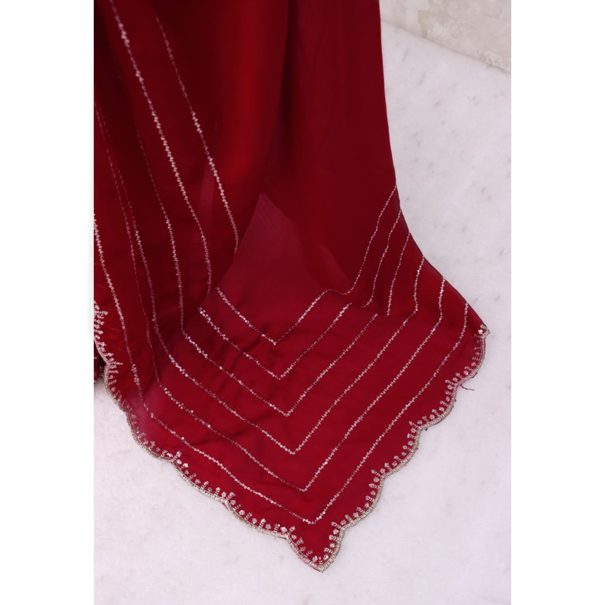Maroon Soft Satin Chiffon Saree Embellished with Intricate Sequins Detailing