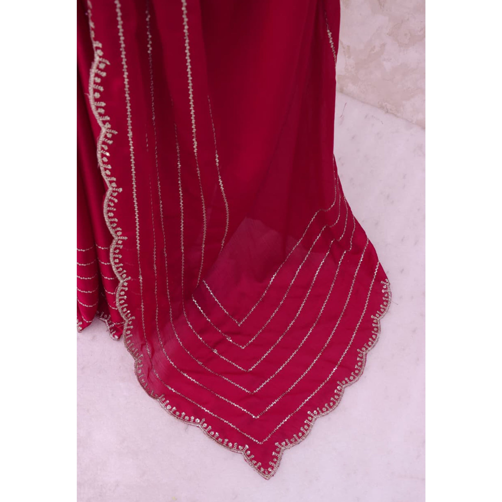 Pink Soft Satin Chiffon Saree Embellished with Intricate Sequins Detailing