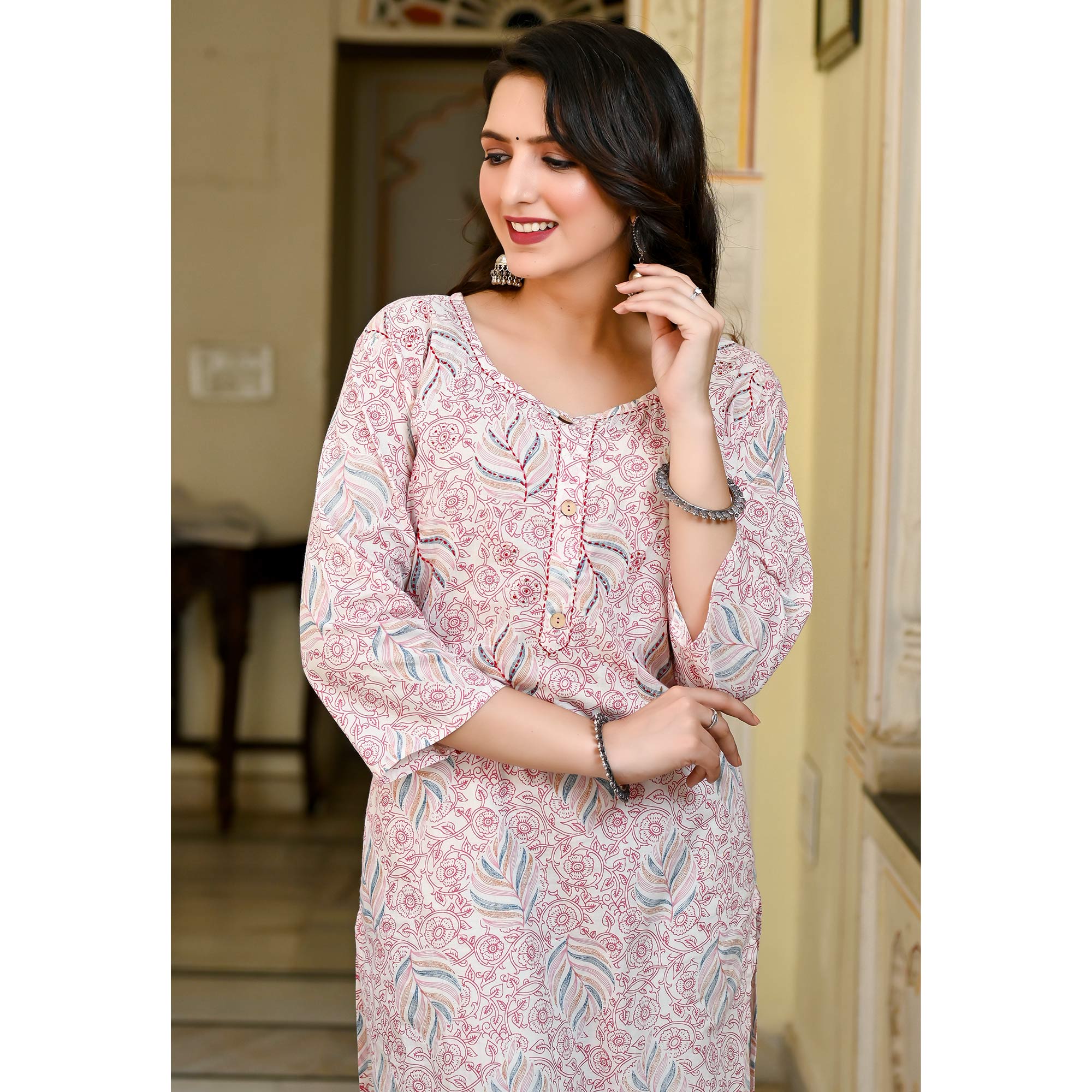 Pink & White Floral Printed Pure Cotton Kurti