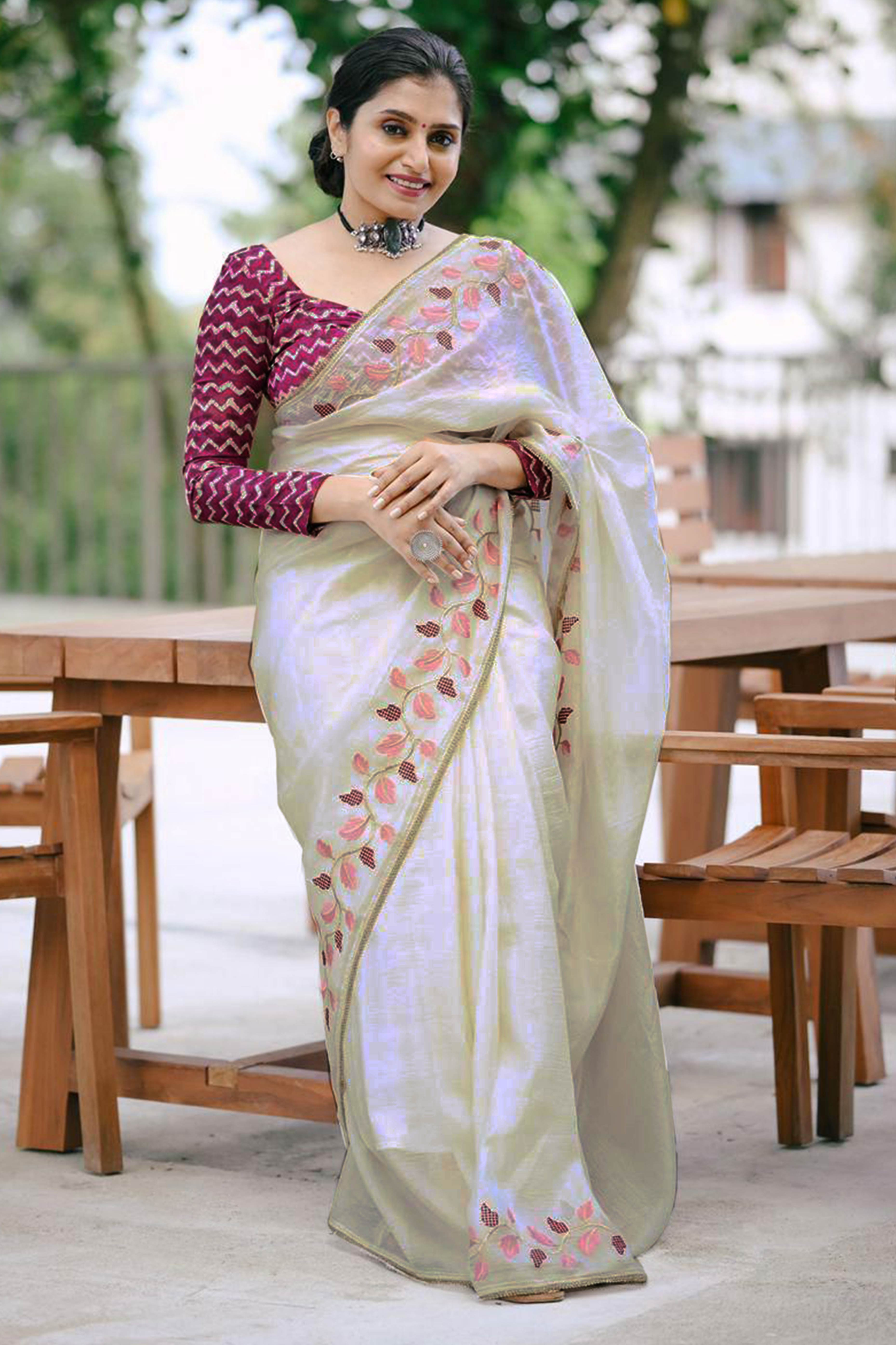 Off White Thread Embroidered Crush Georgette Saree