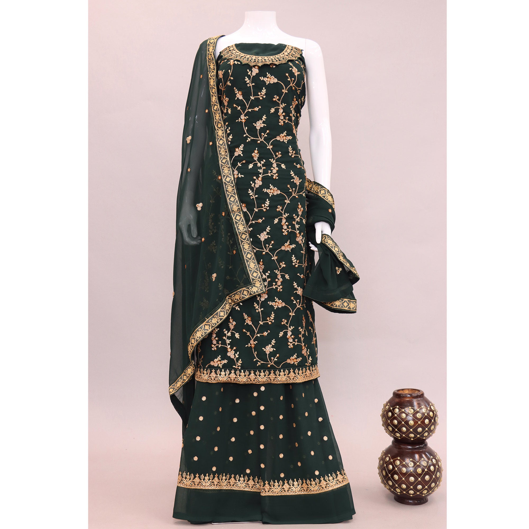 Green Floral Embroidered Georgette Semi Stitched Suit