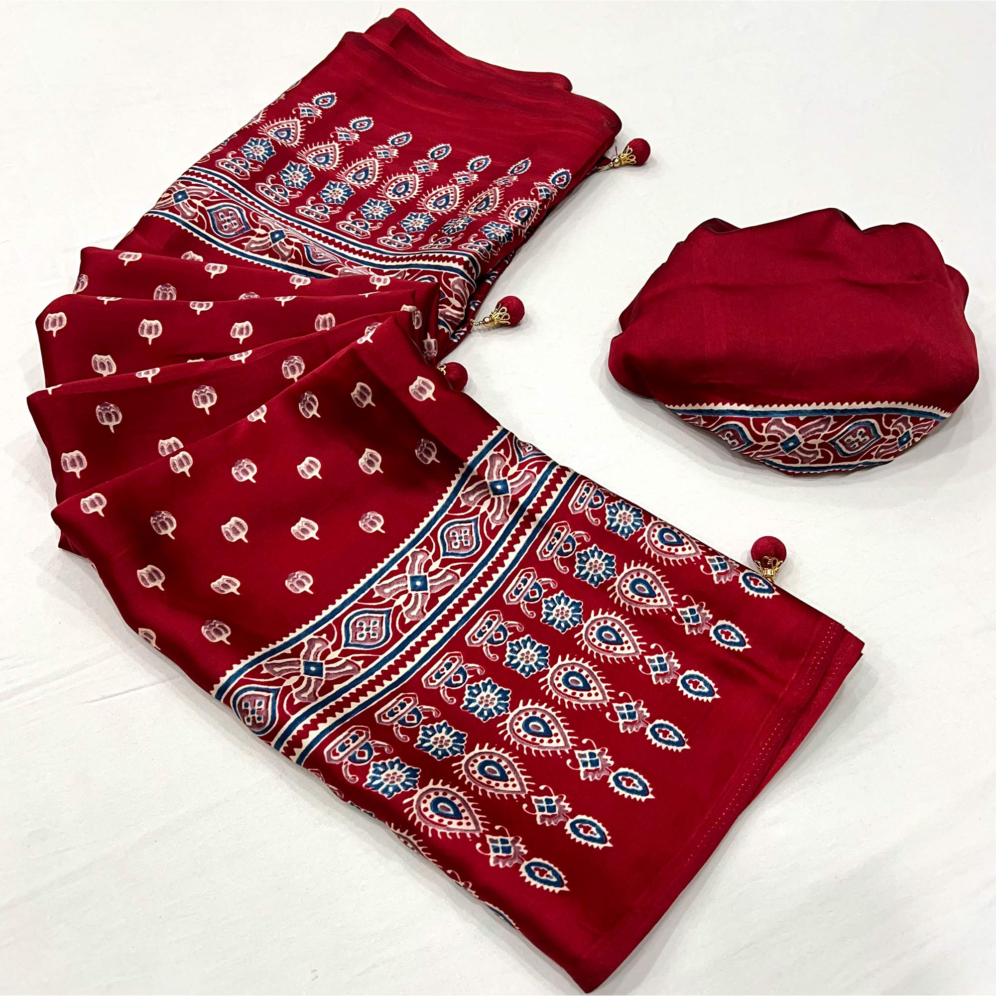 Red Ajrakh Inspired Printed Modal Satin Saree for Party Occasions