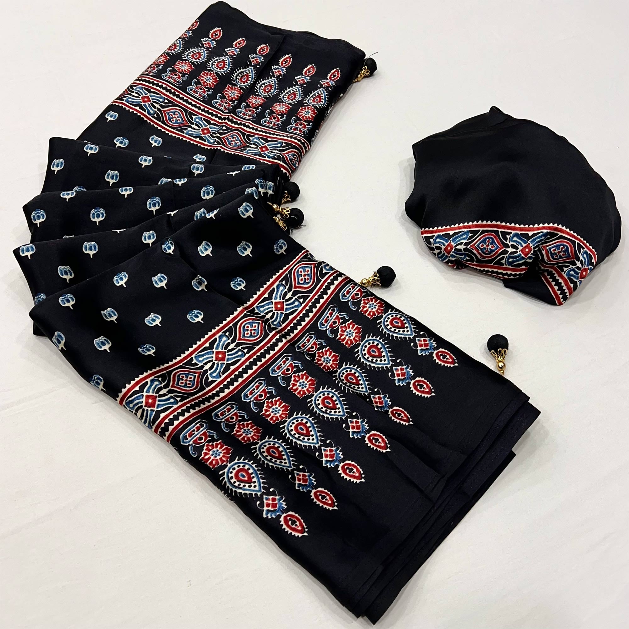Black Ajrakh Inspired Printed Modal Satin Saree for Party Occasions