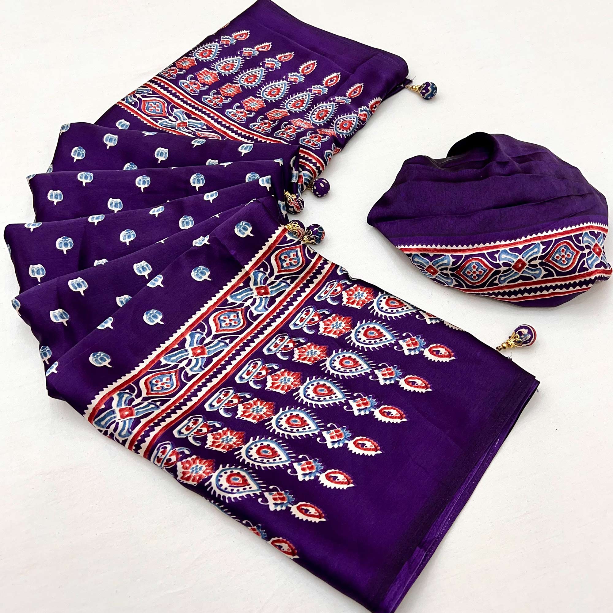 Purple Ajrakh Inspired Printed Modal Satin Saree for Party Occasions
