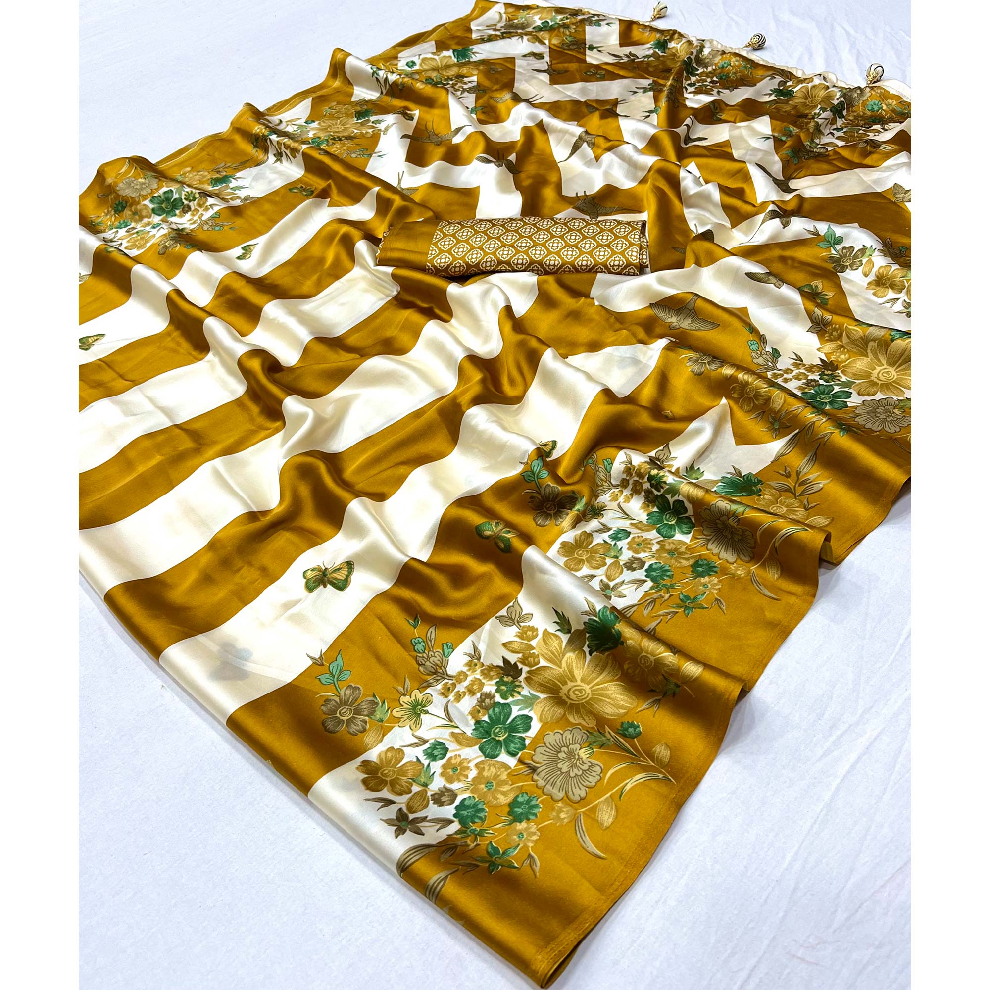 Olive Floral Printed Modal Satin Party Wear Saree with a Smooth Satin Finish