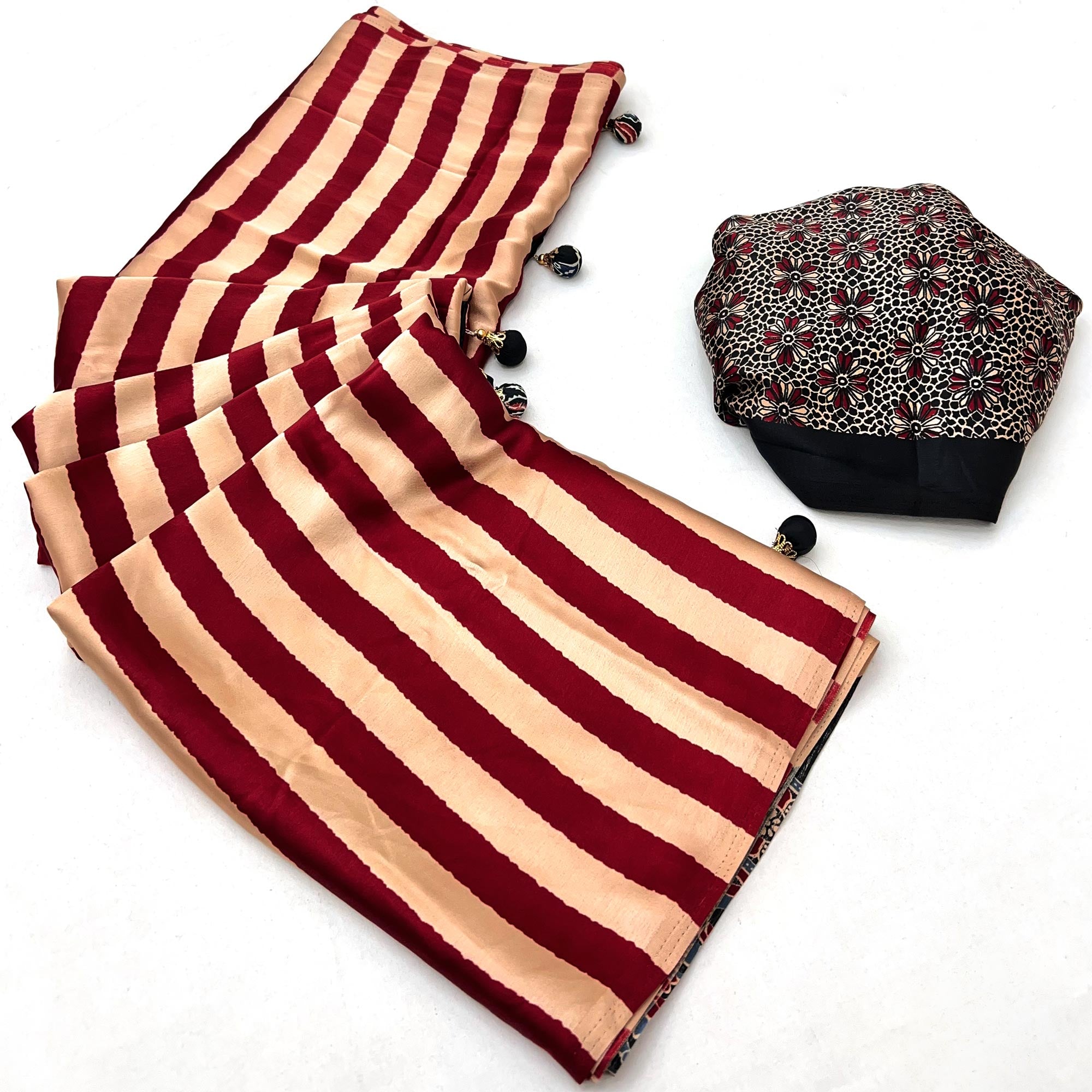 Red Modal Satin Saree with Subtle Stripe Design and Ajrakh Print on Pallu