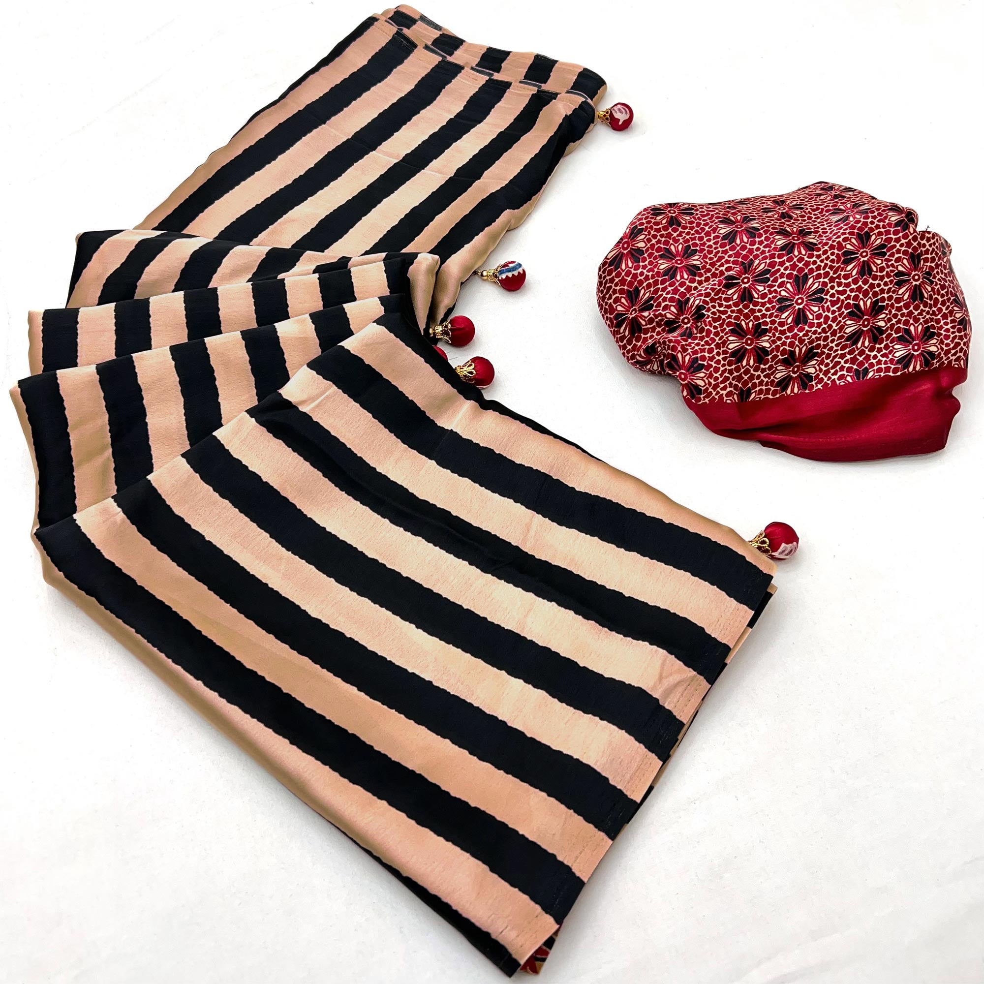 Black Modal Satin Saree with Subtle Stripe Design and Ajrakh Print on Pallu