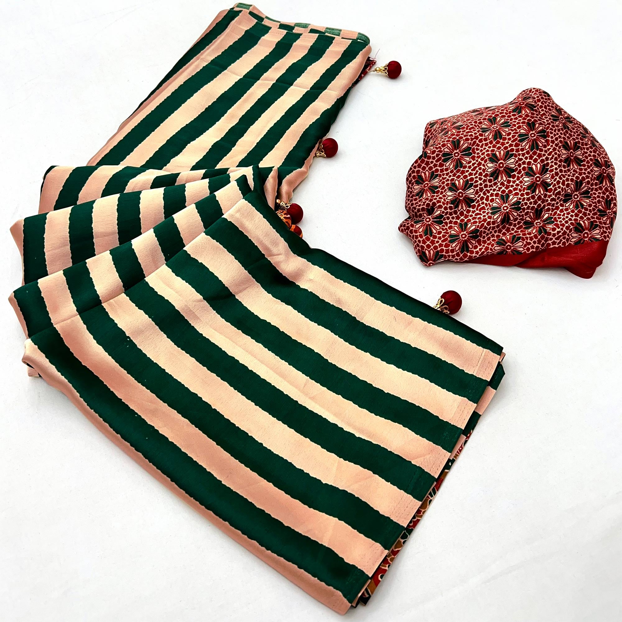 Green Modal Satin Saree with Subtle Stripe Design and Ajrakh Print on Pallu