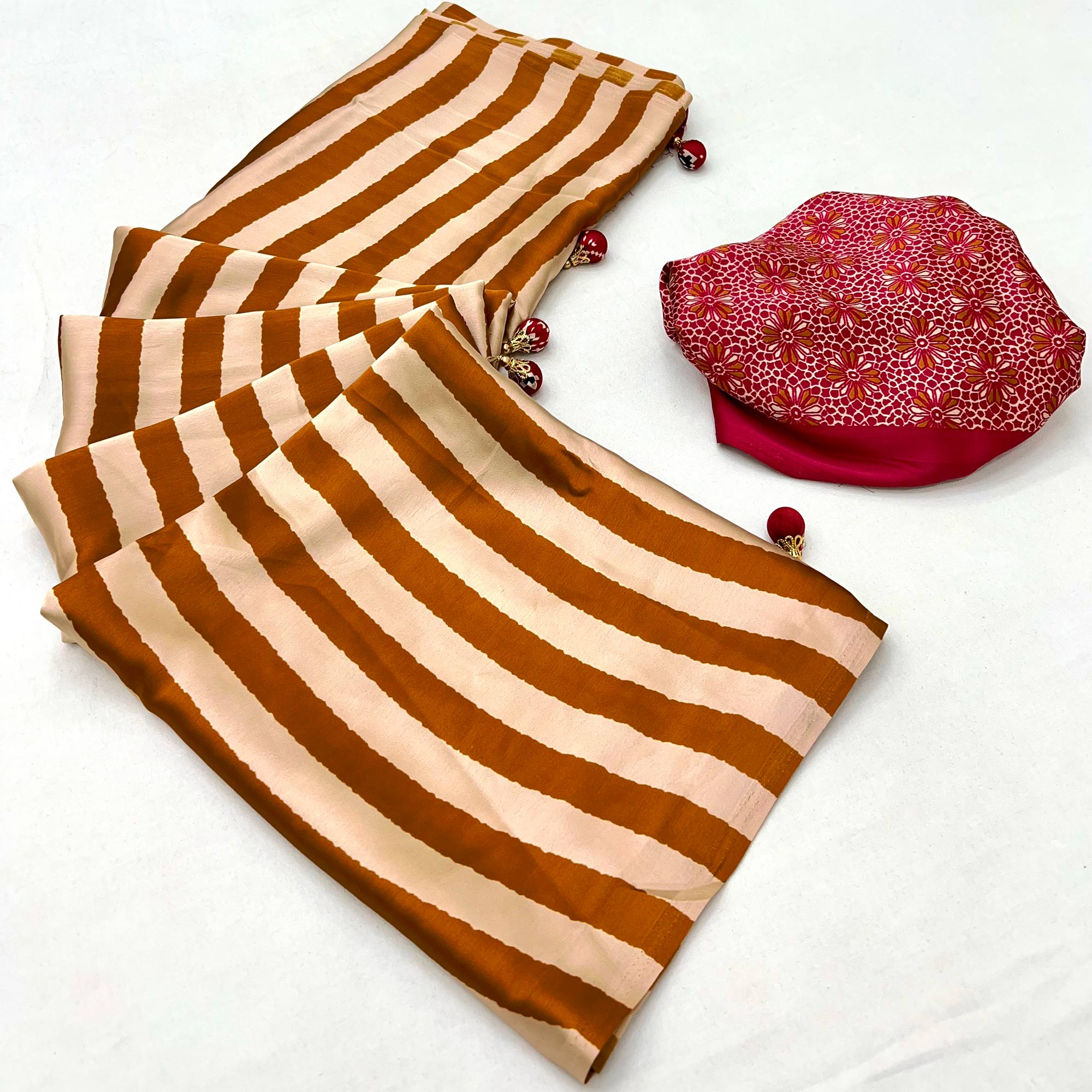 Yellow Modal Satin Saree with Subtle Stripe Design and Ajrakh Print on Pallu