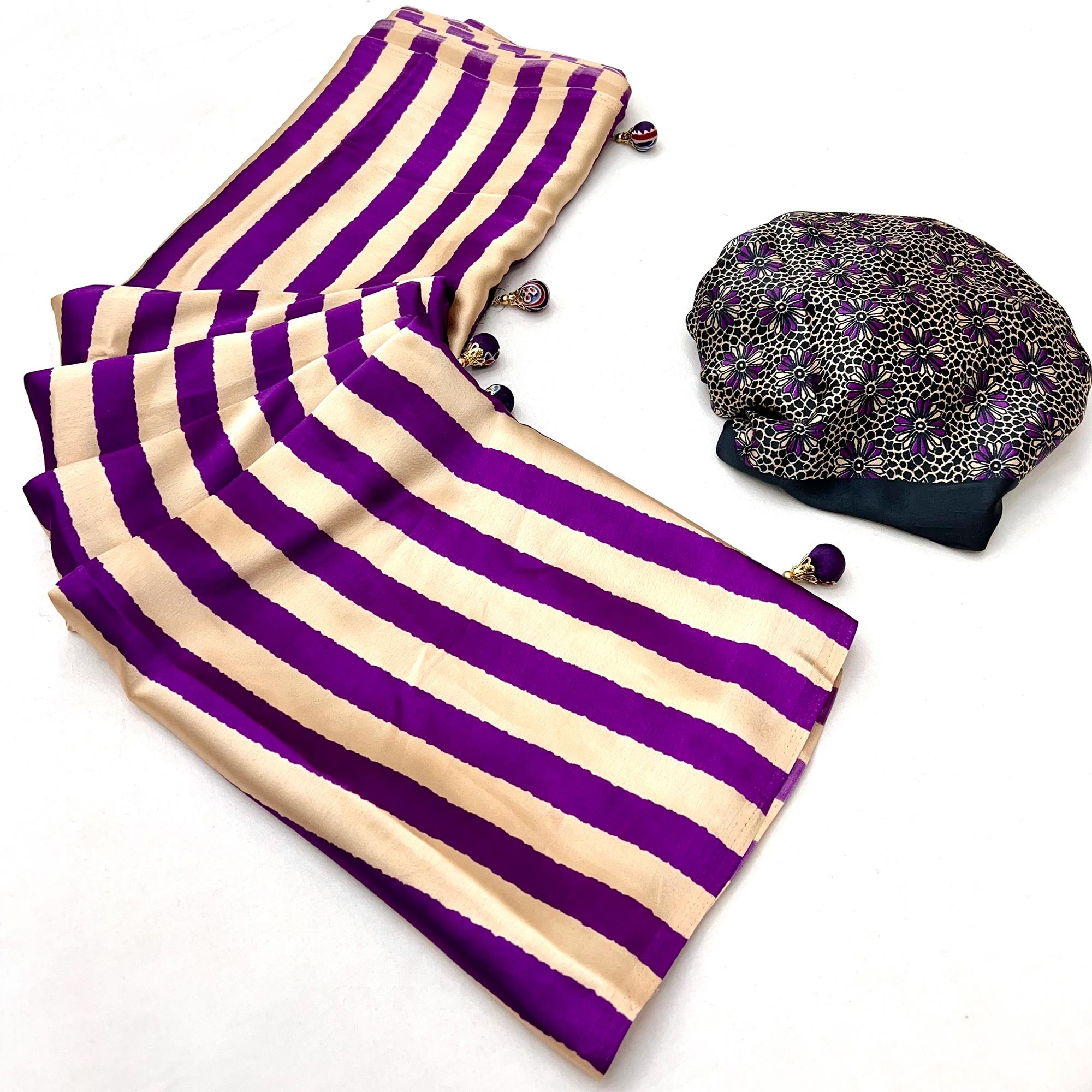 Purple Modal Satin Saree with Subtle Stripe Design and Ajrakh Print on Pallu