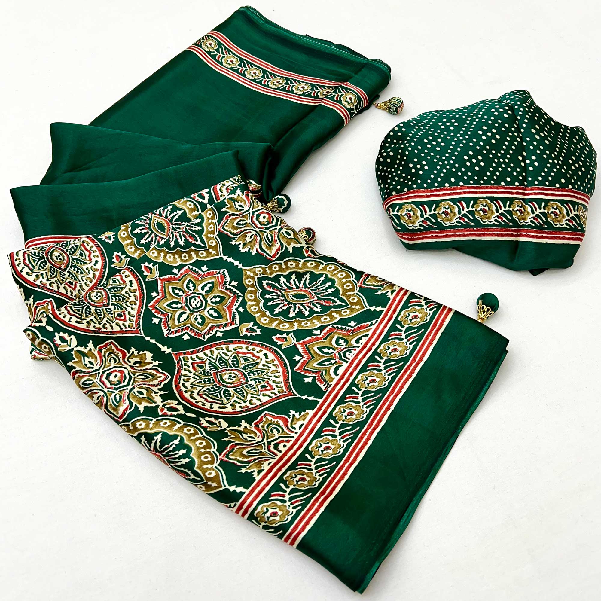 Green Ajrakh Printed Modal Satin Saree with Rich Party Wear Look