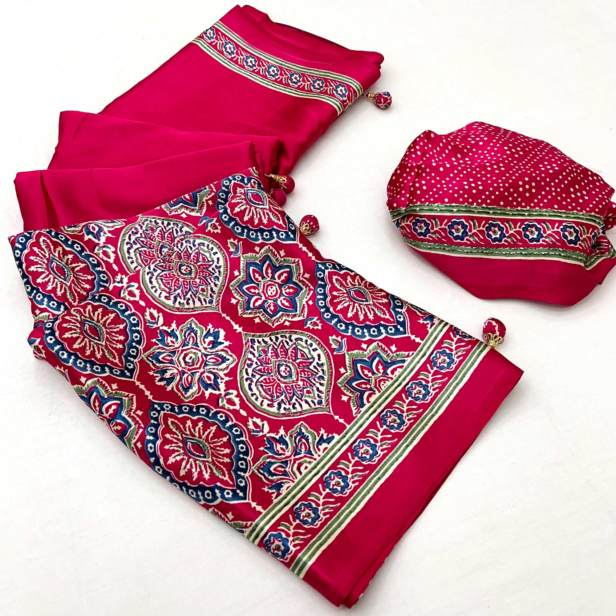 Pink Ajrakh Printed Modal Satin Saree with Rich Party Wear Look