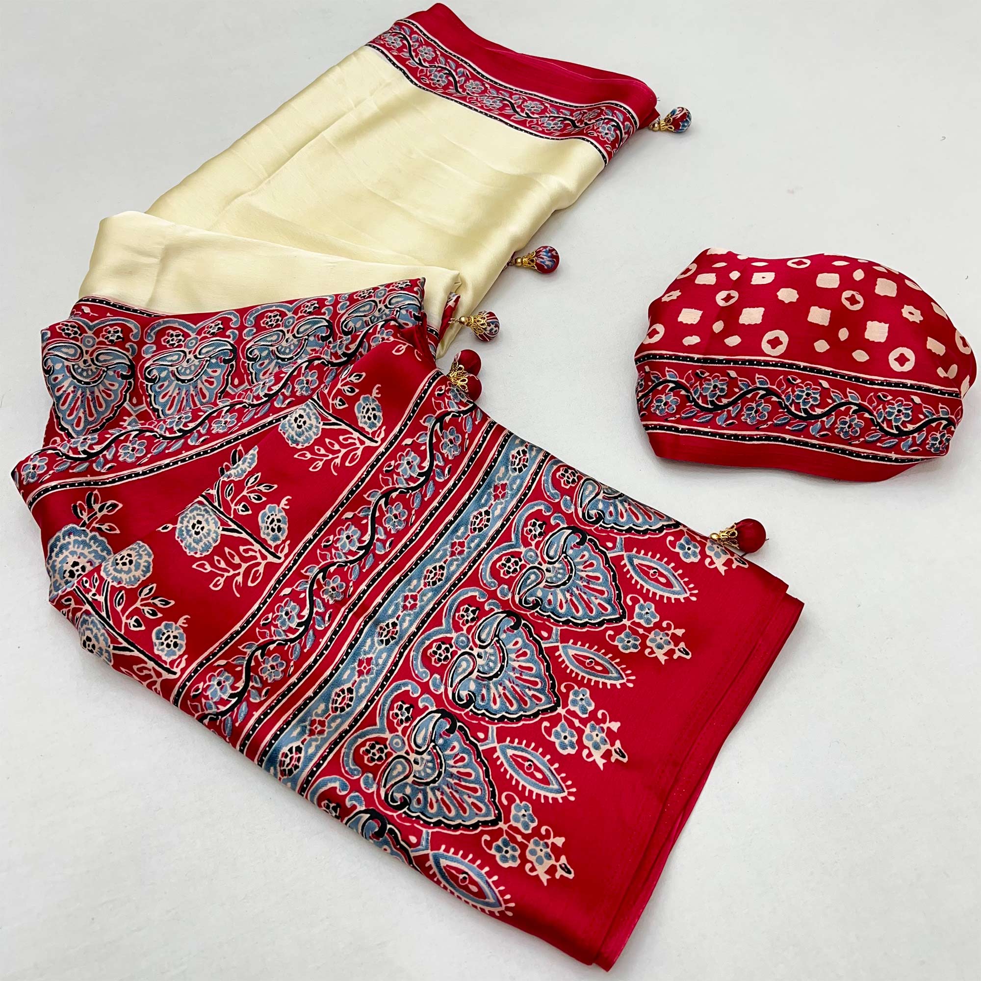 Cream & Red Ajrakh Printed Modal Satin Saree with Elegant Party Wear Appeal