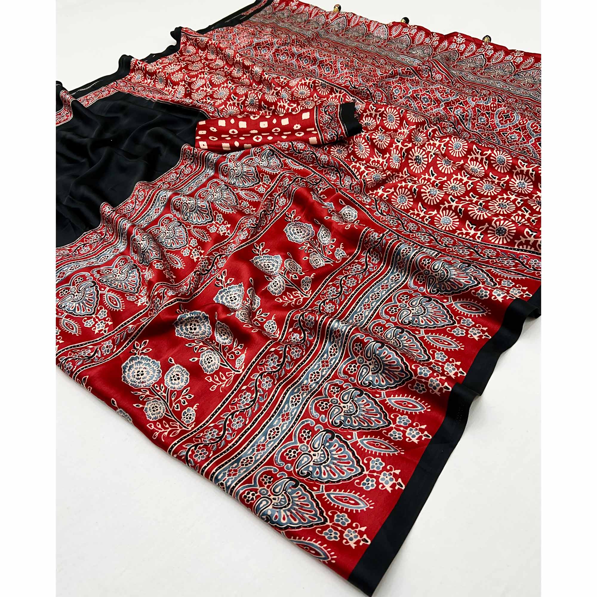 Black & Red Ajrakh Printed Modal Satin Saree with Elegant Party Wear Appeal